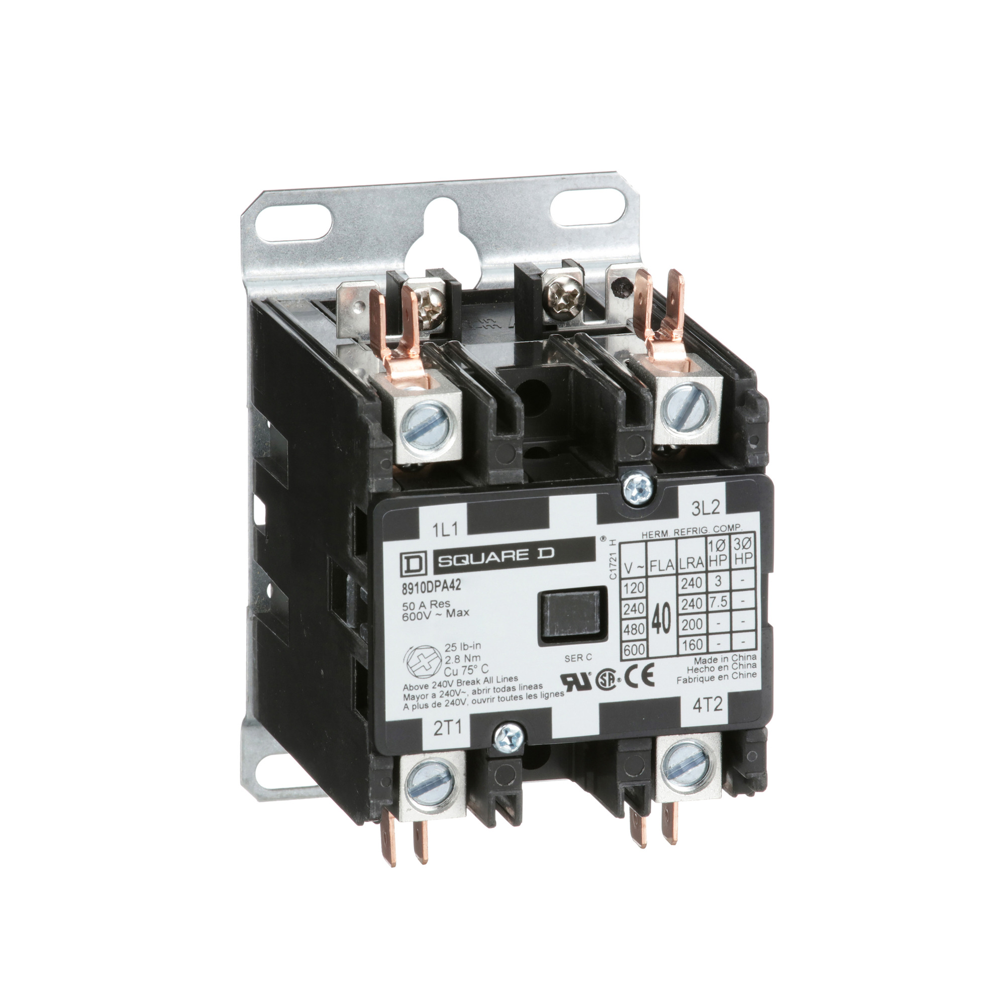 8910DPA42V04 Type DPA Definite Purpose Contactor, 277 V AC V Coil, 40 A, 2NO Contact, 2 Poles