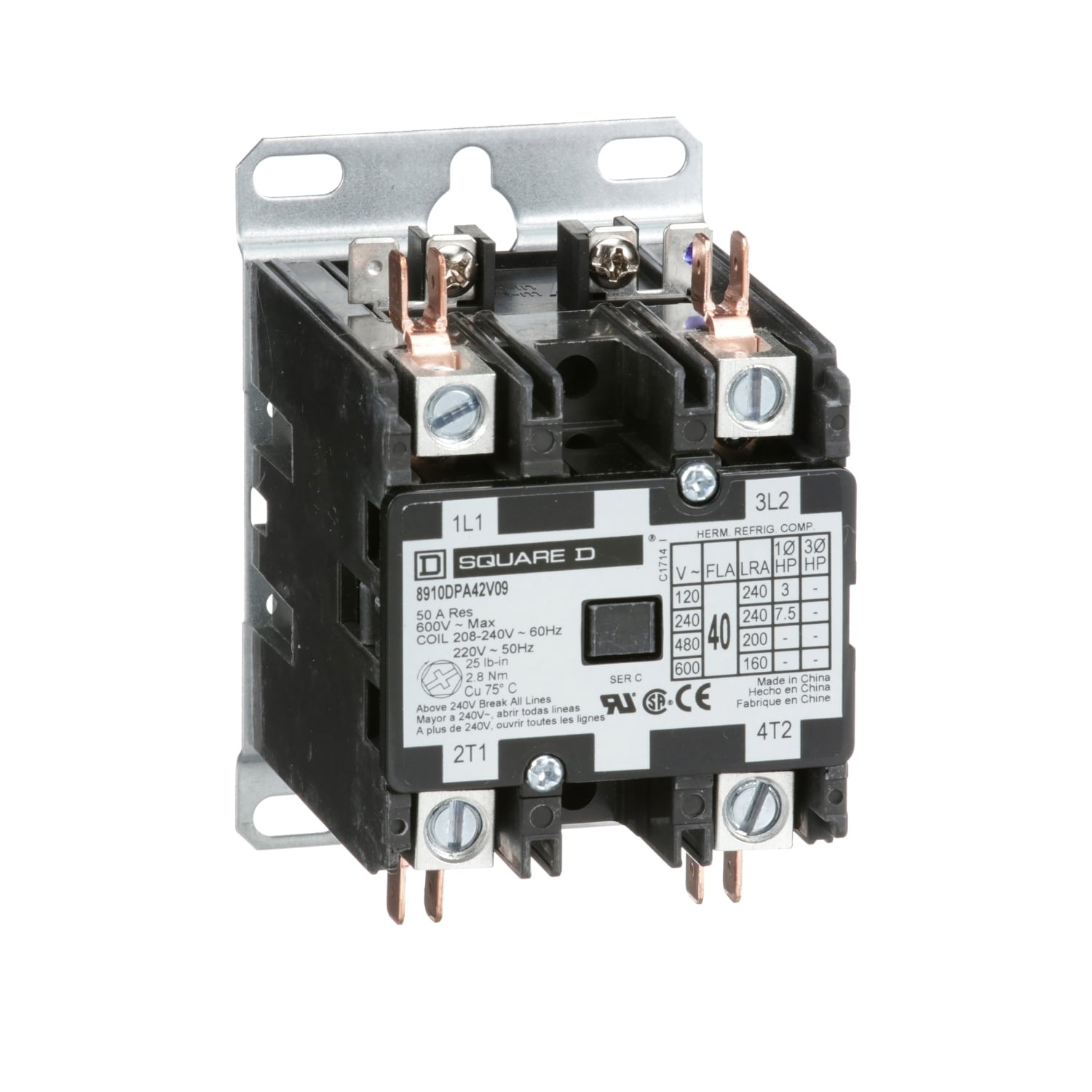 8910DPA42V09 Type DPA 1-Phase Electromechanical Definite Purpose Contactor, 208/220/240 V AC V Coil, 40 A, 2NO Contact, 2 Poles