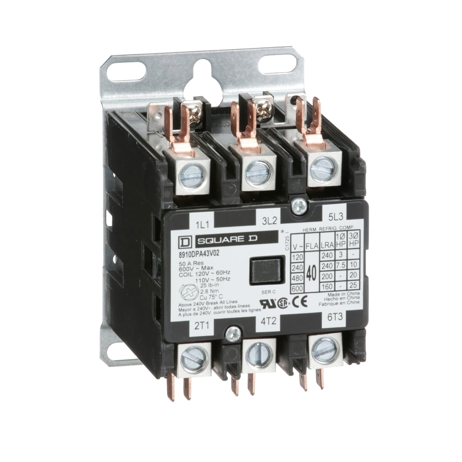 8910DPA43V02 8910DPA Electro-Mechanical Definite Purpose Contactor, 110/120 V AC V Coil, 40 A, 3NO Contact, 3 Poles