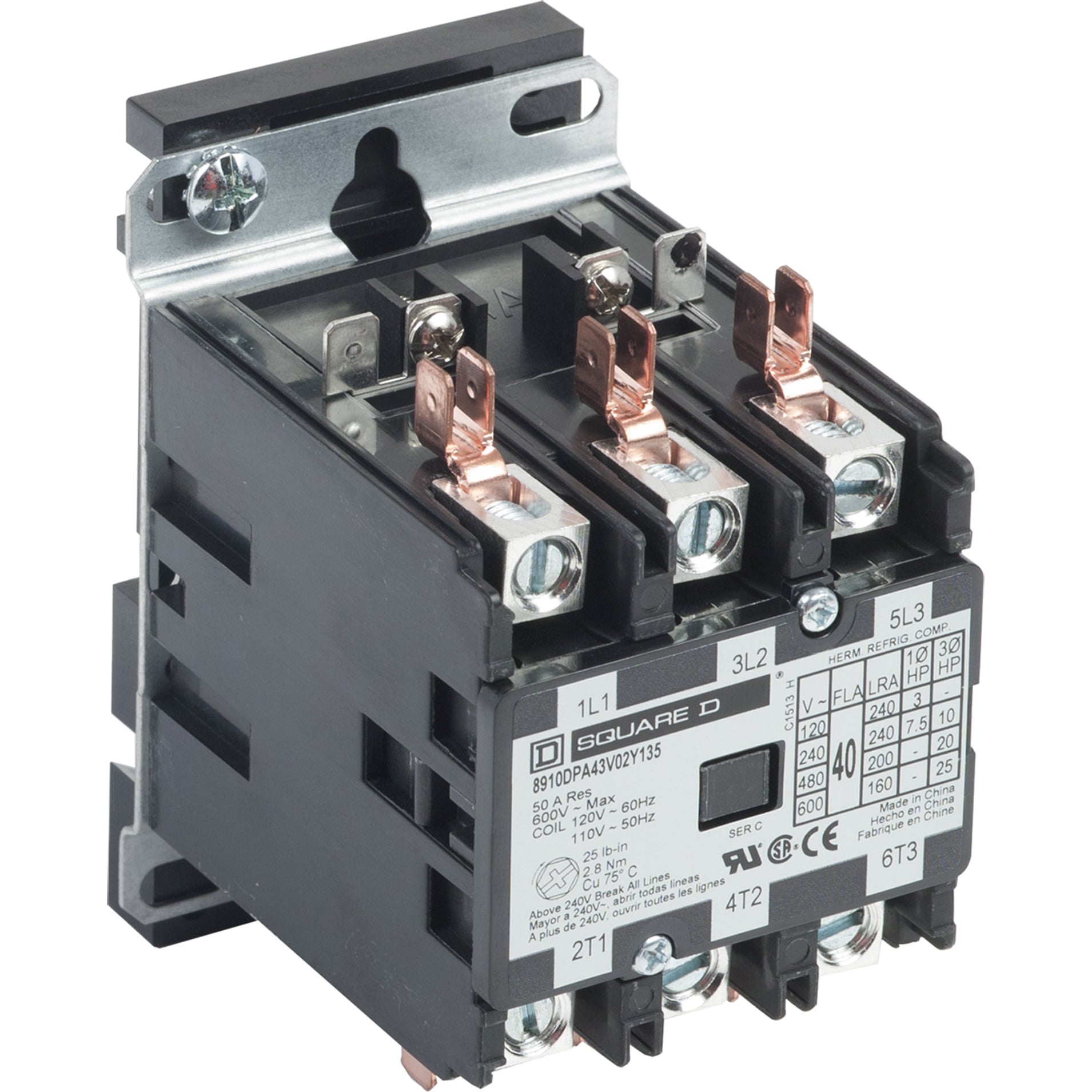 8910DPA43V02Y135 Type DPA Definite Purpose Contactor, 110 V AC at 50 Hz to 120 V AC at 60 Hz V Coil, 40 A, 3NO Contact, 3 Poles