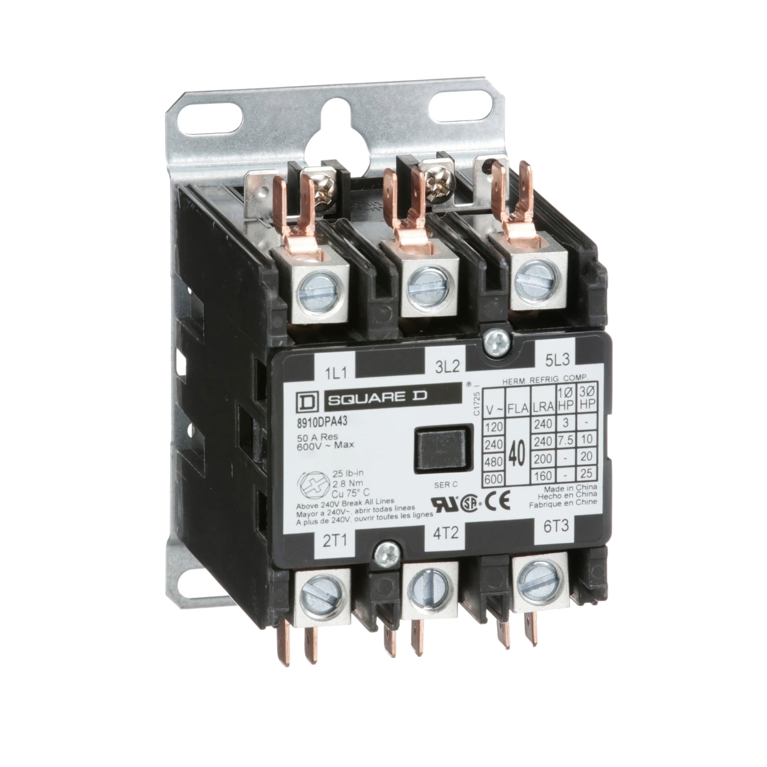 8910DPA43V06 3-Phase Electromechanical Type DPA Definite Purpose Contactor, 440/480 V AC V Coil, 40 A, 3NO Contact, 3 Poles