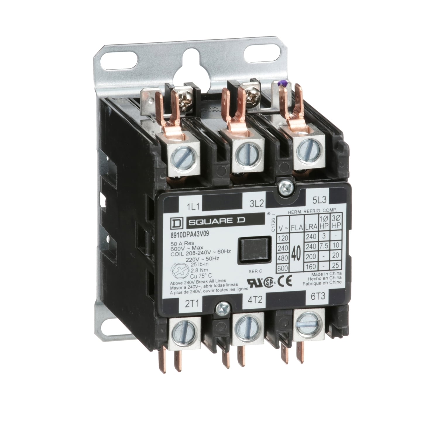 8910DPA43V09 3-Phase Electromechanical Type DPA Definite Purpose Contactor, 208/220/240 V AC V Coil, 40 A, 3NO Contact, 3 Poles