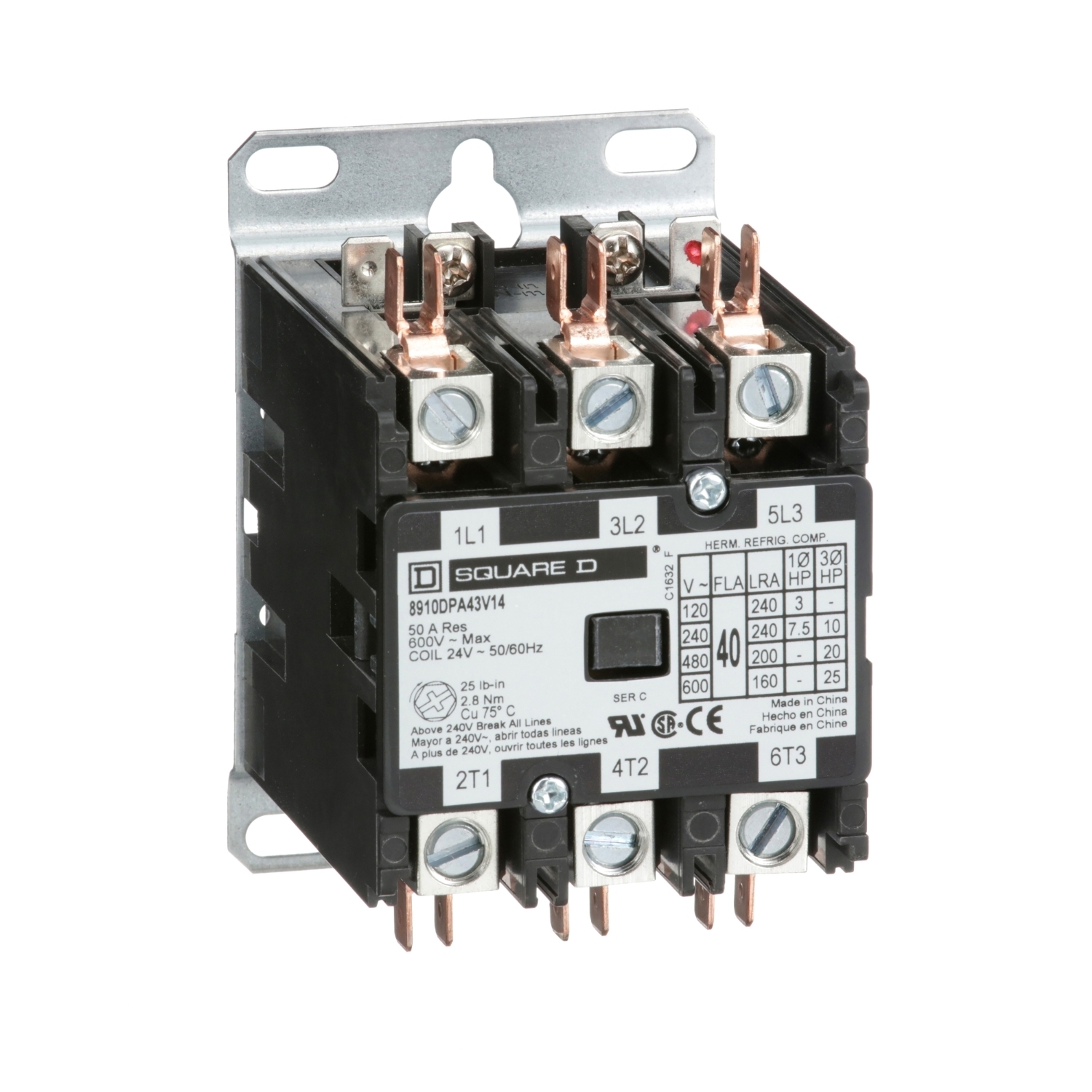 8910DPA43V14 3-Phase Electromechanical Type DPA Definite Purpose Contactor, 24 V AC V Coil, 40 A, 3NO Contact, 3 Poles