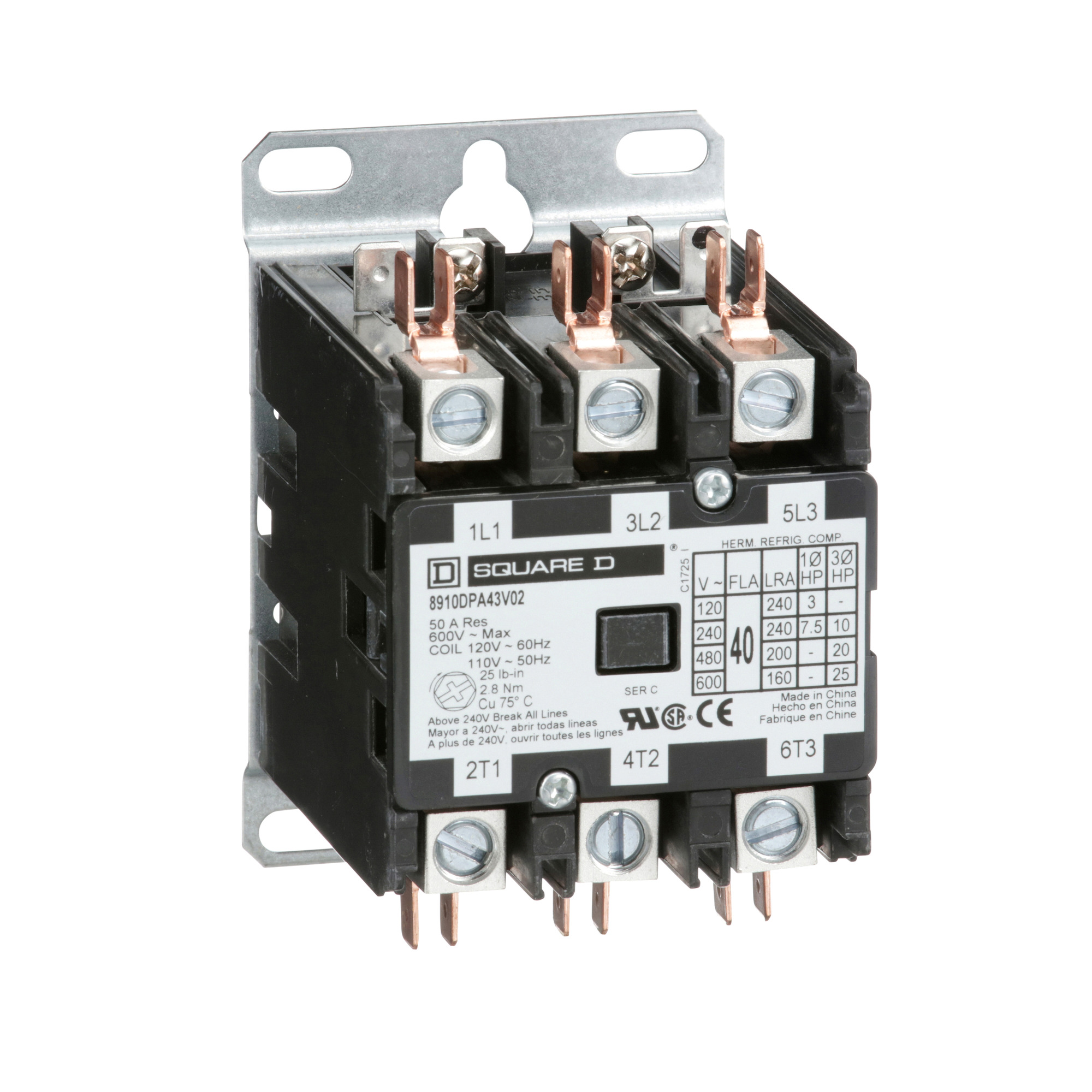 8910DPA43V14Y244 Type DPA Definite Purpose Contactor, 24 V AC at 50/60 Hz V Coil, 40 A, 3NO Contact, 3 Poles