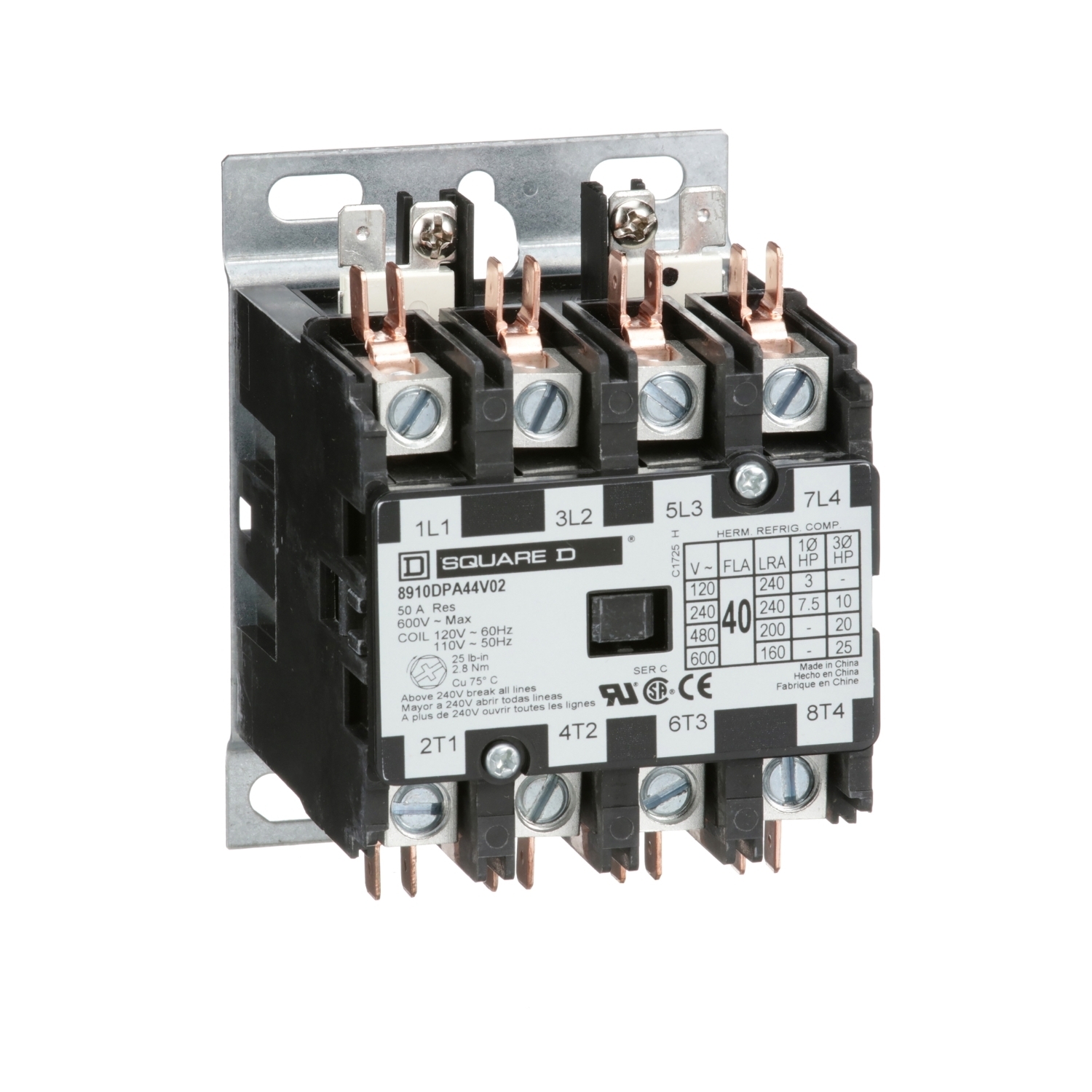 8910DPA44V02 8910 3-Phase Electromechanical Type DPA Definite Purpose Contactor, 110/120 V AC V Coil, 40 A, 4NO Contact, 4 Poles