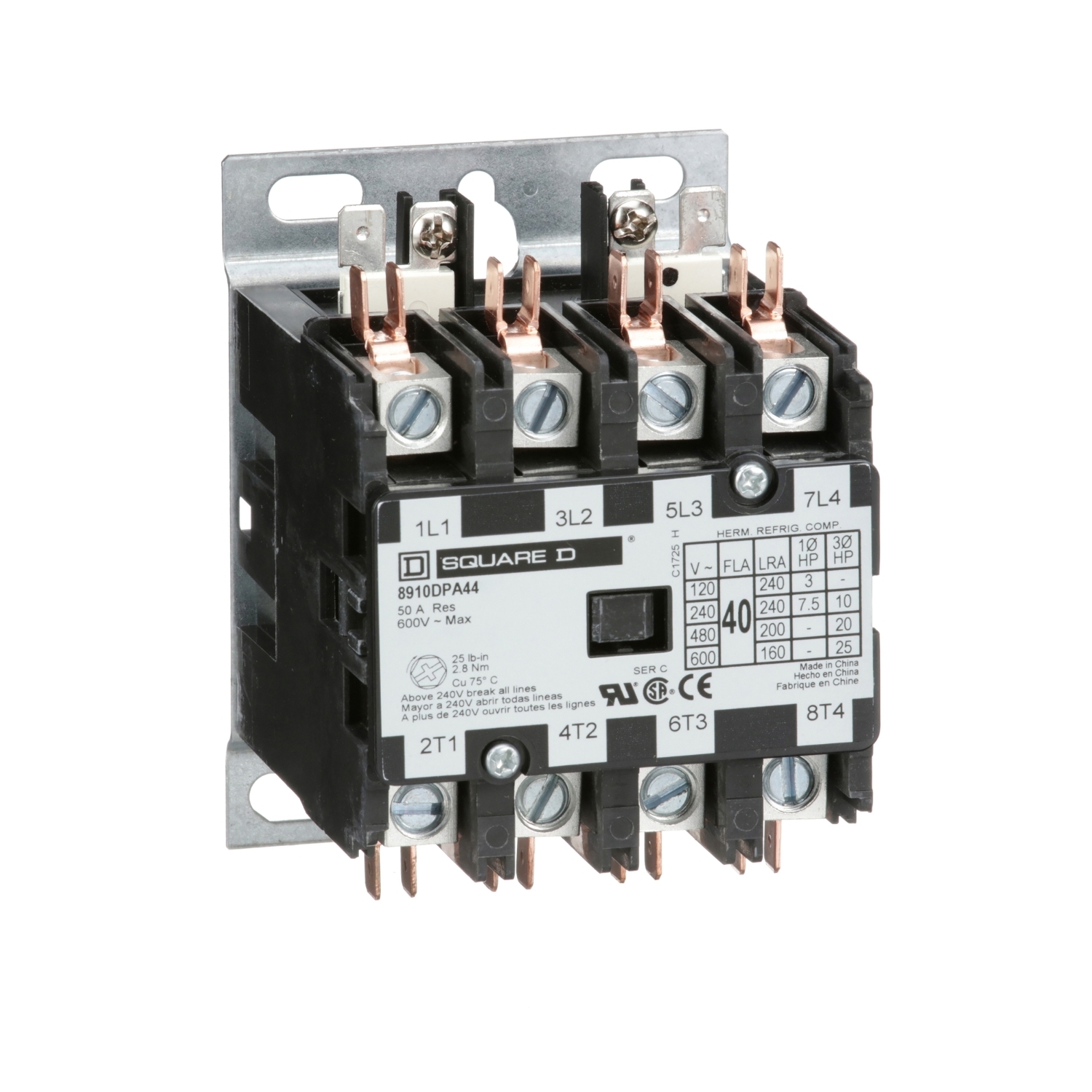 8910DPA44V04 3-Phase Type DPA Definite Purpose Contactor, 277 V AC V Coil, 40 A, 4NO Contact, 4 Poles