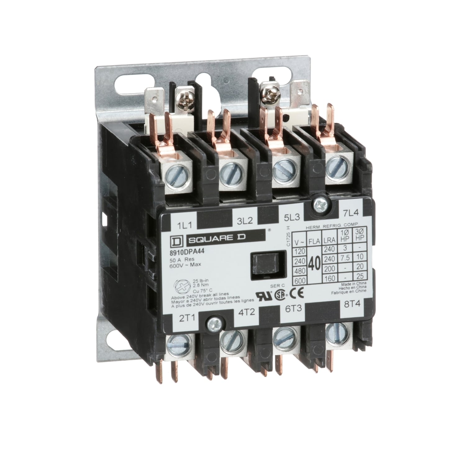 8910DPA44V09 3-Phase Electromechanical Type DPA Definite Purpose Contactor, 208/220/240 V AC V Coil, 40 A, 4NO Contact, 4 Poles