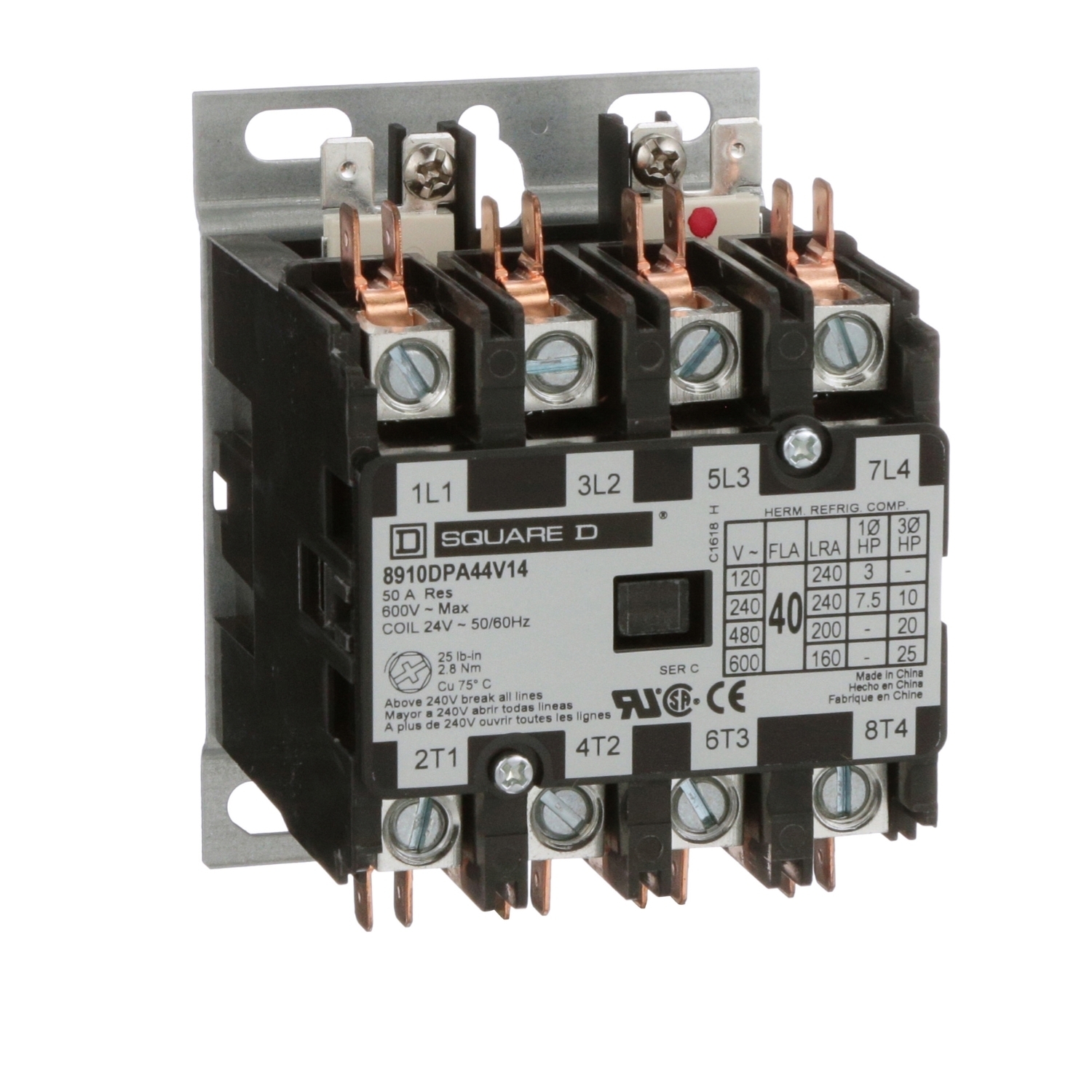 8910DPA44V14 3-Phase Type DPA Definite Purpose Contactor, 24 V AC V Coil, 40 A, 4NO Contact, 4 Poles