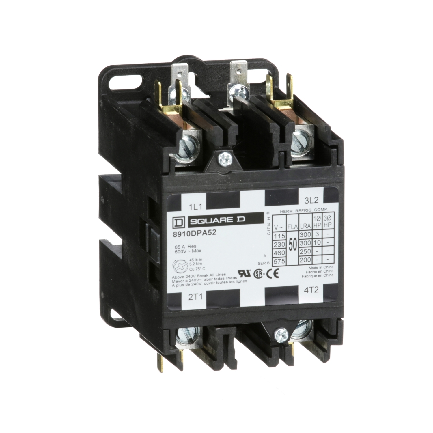 8910DPA52V09 Type DPA 1-Phase Electromechanical Definite Purpose Contactor, 208/220/240 V AC V Coil, 50 A, 2NO Contact, 2 Poles