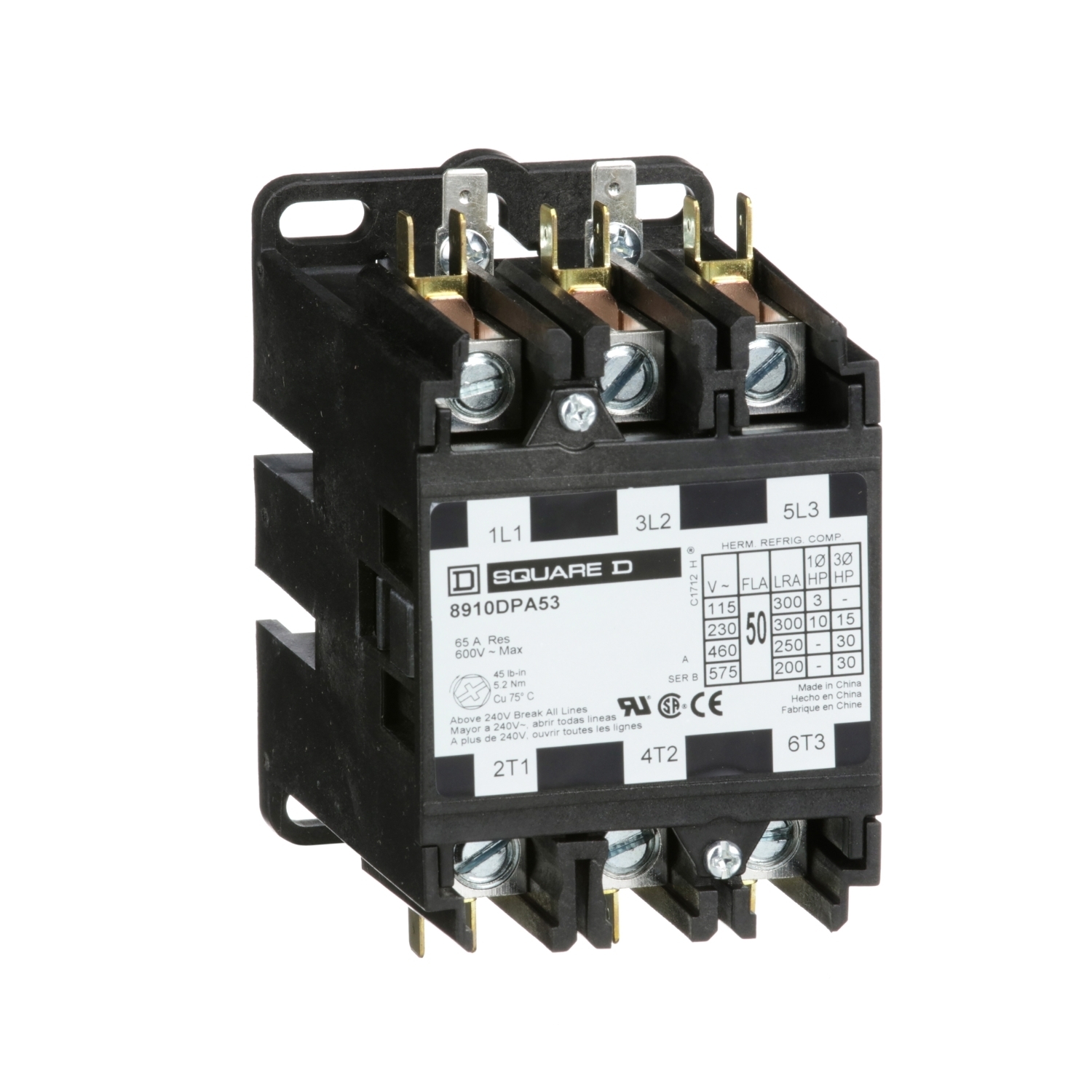 8910DPA53V02 8910DPA Electro-Mechanical 3-Phase Electromechanical Type Dpa Definite Purpose Contactor, 110/120 V AC V Coil, 50 A, 3NO Contact, 3 Poles