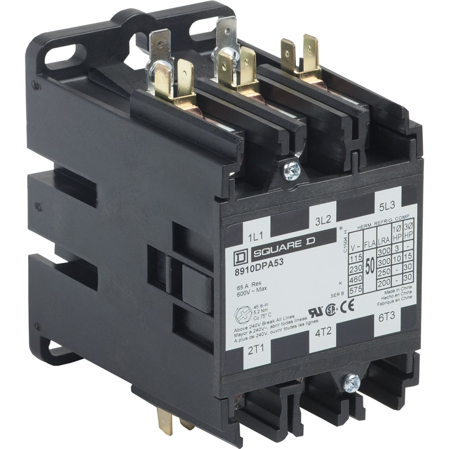 8910DPA53V04 Type DPA Definite Purpose Contactor, 277 V AC V Coil, 50 A, 3NO Contact, 3 Poles