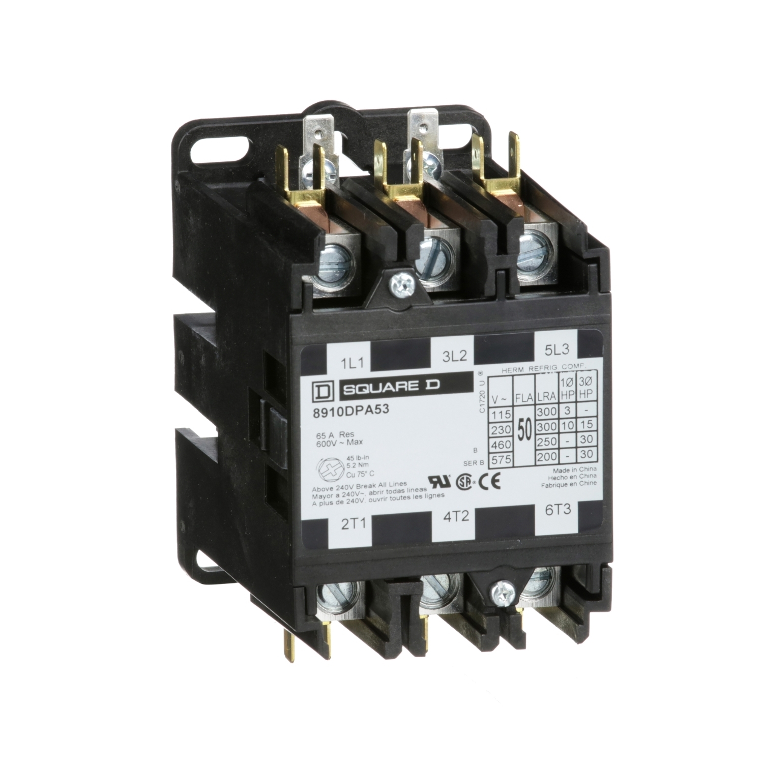 8910DPA53V09 3-Phase Electromechanical Type DPA Definite Purpose Contactor, 208/220/240 V AC V Coil, 50 A, 3NO Contact, 3 Poles