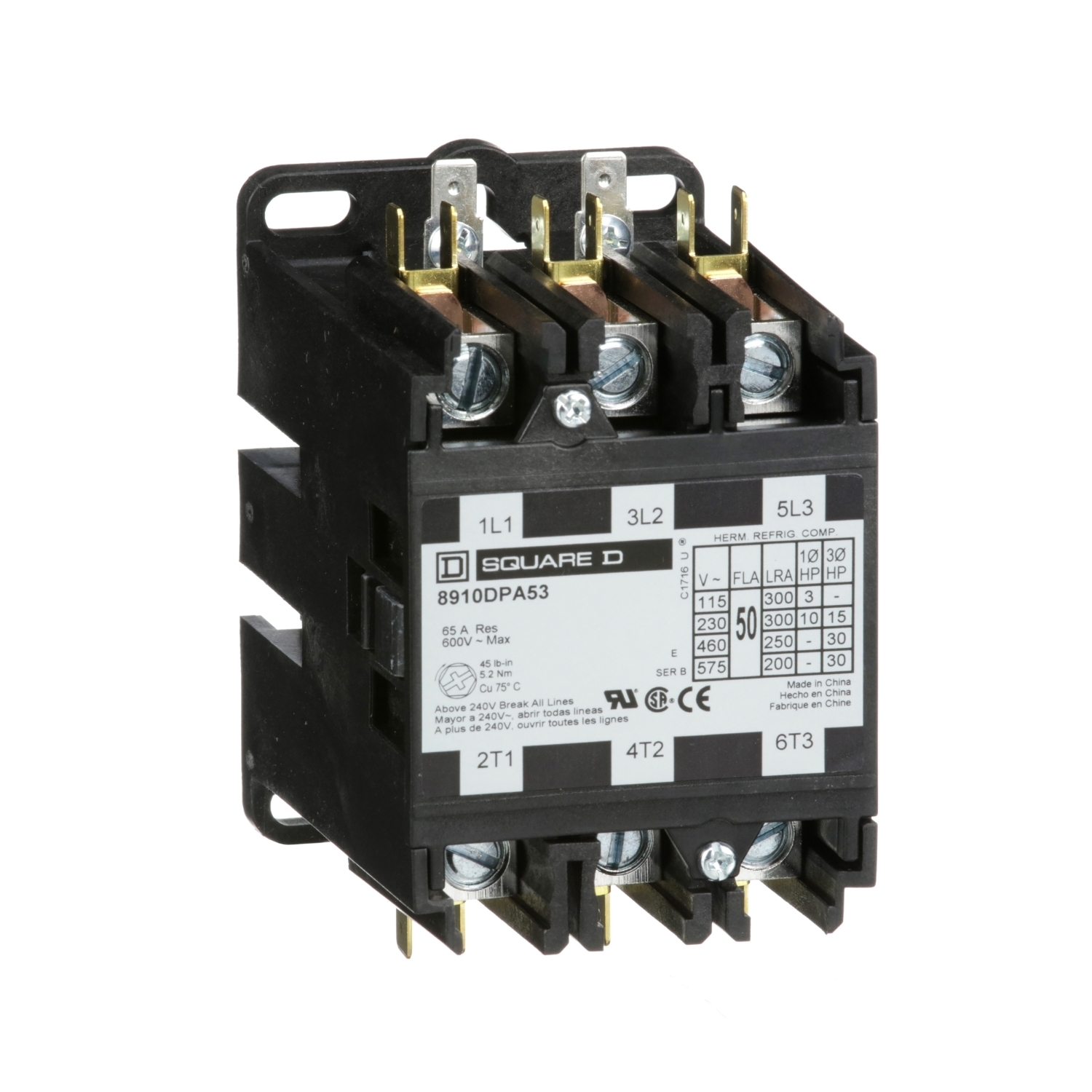 8910DPA53V14 3-Phase Electromechanical Type DPA Definite Purpose Contactor, 24 V AC V Coil, 50 A, 3NO Contact, 3 Poles