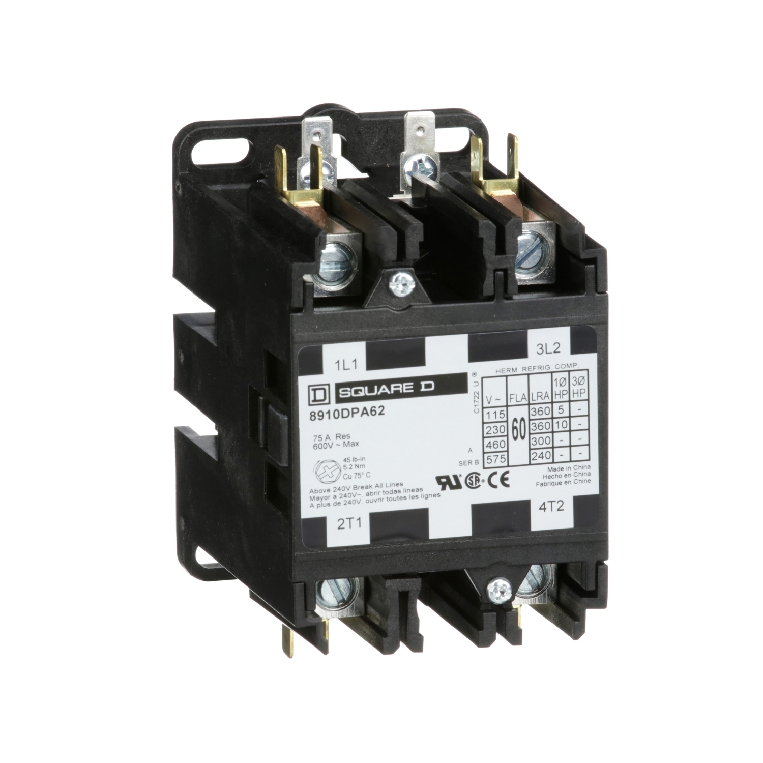 8910DPA62V02 Type DPA 1-Phase Electromechanical Definite Purpose Contactor, 110/120 V AC V Coil, 60 A, 2NO Contact, 2 Poles
