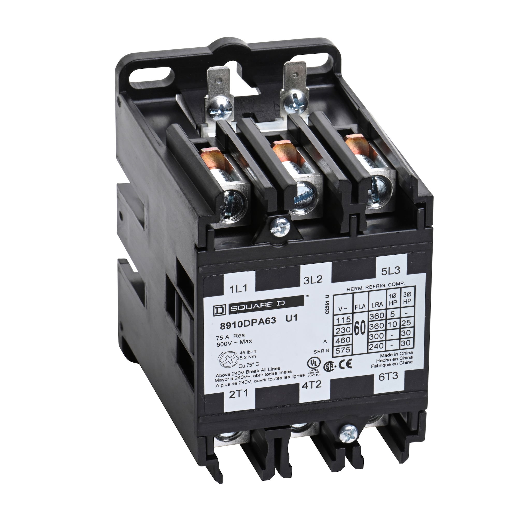 8910DPA63V02U1 Type DPA Definite Purpose Contactor, 110 V AC at 50 Hz to 120 V AC at 60 Hz V Coil, 60 A, 3NO Contact, 3 Poles