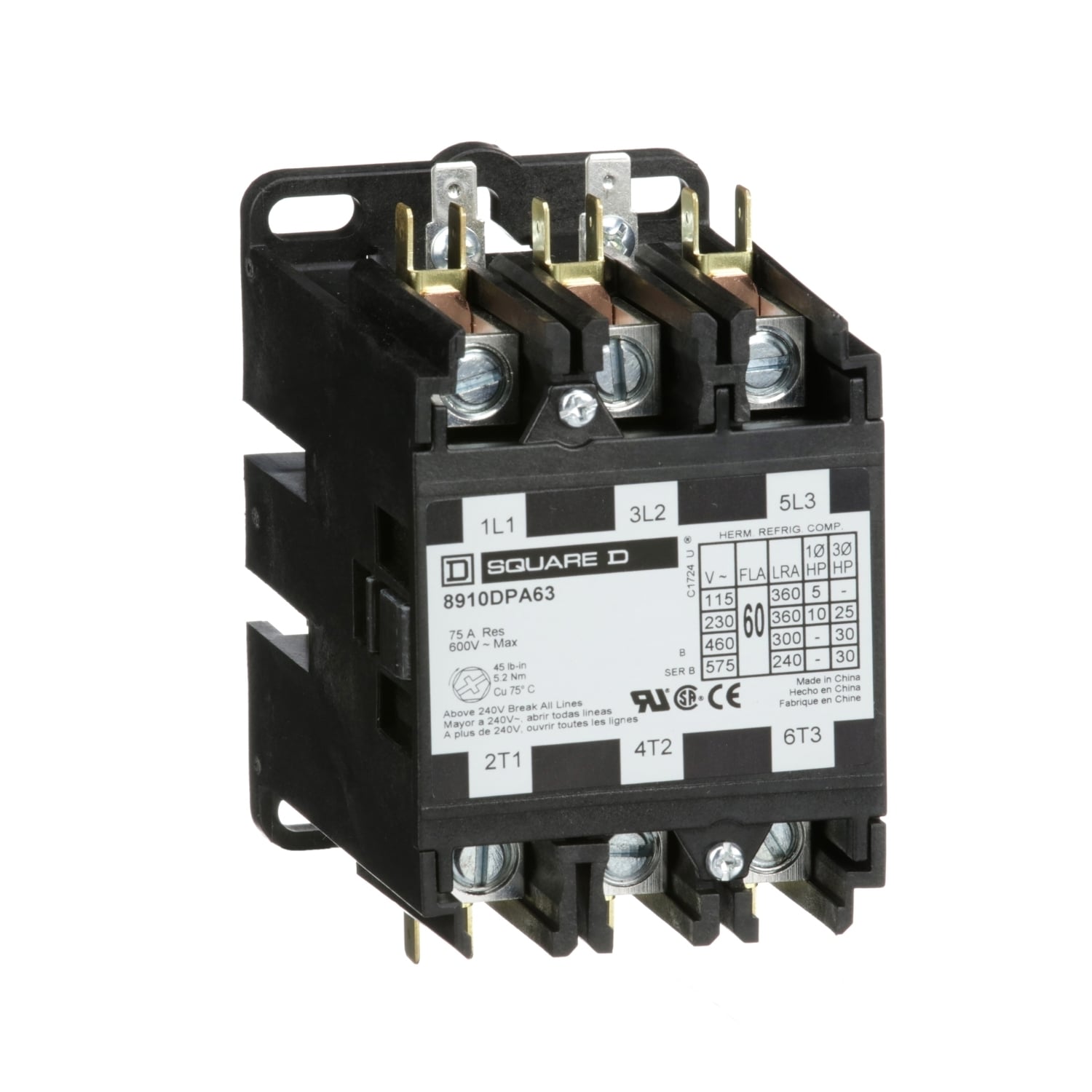 8910DPA63V09 3-Phase Electromechanical Type DPA Definite Purpose Contactor, 208/220/240 V AC V Coil, 60 A, 3NO Contact, 3 Poles