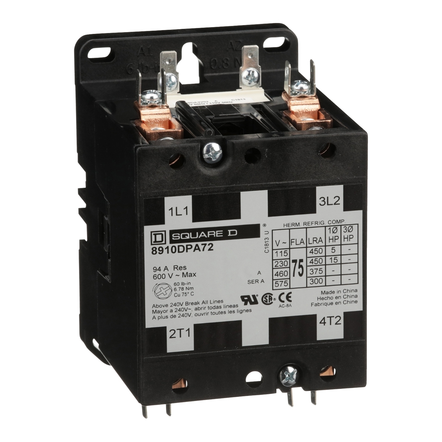 8910DPA72V14 Type DPA Definite Purpose Contactor, 24 V AC V Coil, 75 A, 2NO Contact, 2 Poles