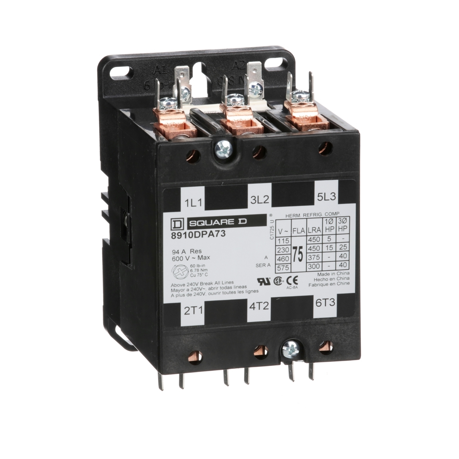 8910DPA73V06 Type DPA Definite Purpose Contactor, 440/480 V AC V Coil, 75 A, 3NO Contact, 3 Poles