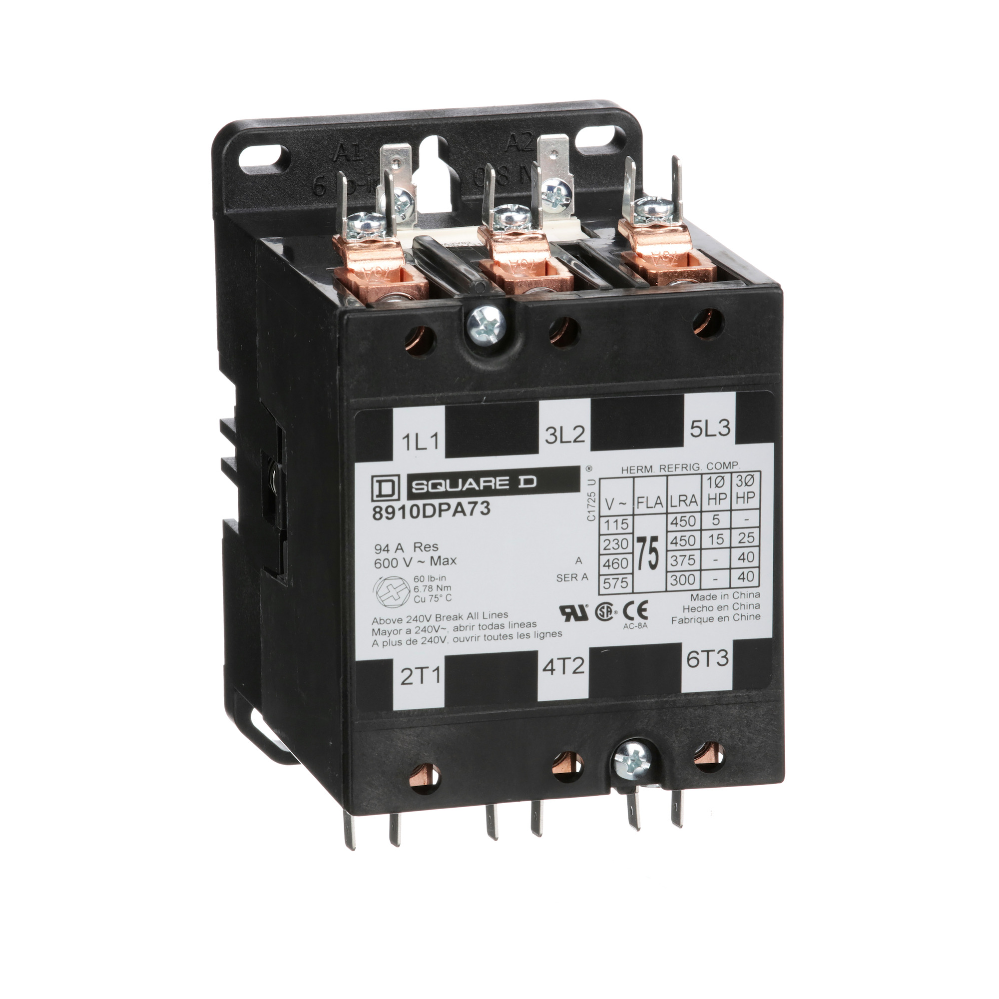 8910DPA73V09 3-Phase Electromechanical Type DPA Definite Purpose Contactor, 208/220/240 V AC V Coil, 75 A, 3NO Contact, 3 Poles