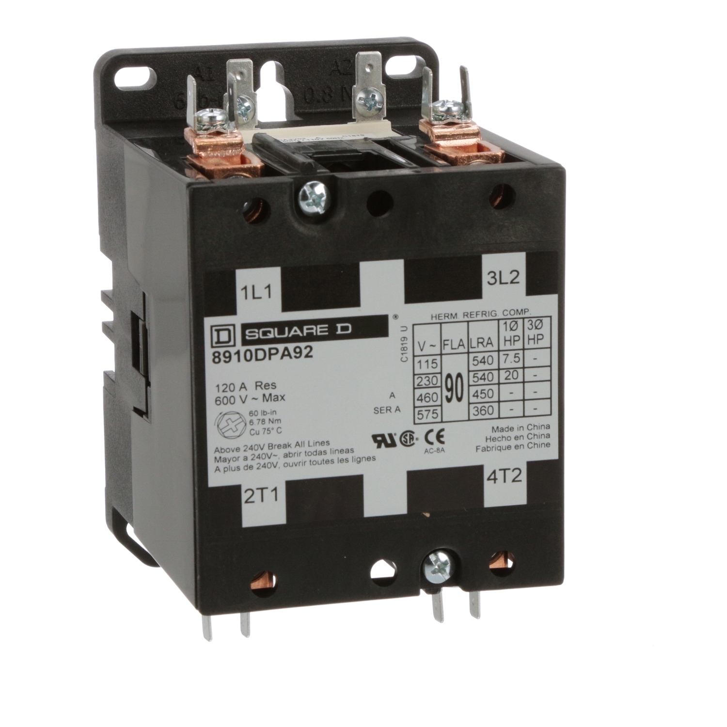 8910DPA92V02 Type DPA 1-Phase Electromechanical Definite Purpose Contactor, 110/120 V AC V Coil, 90 A, 2NO Contact, 2 Poles