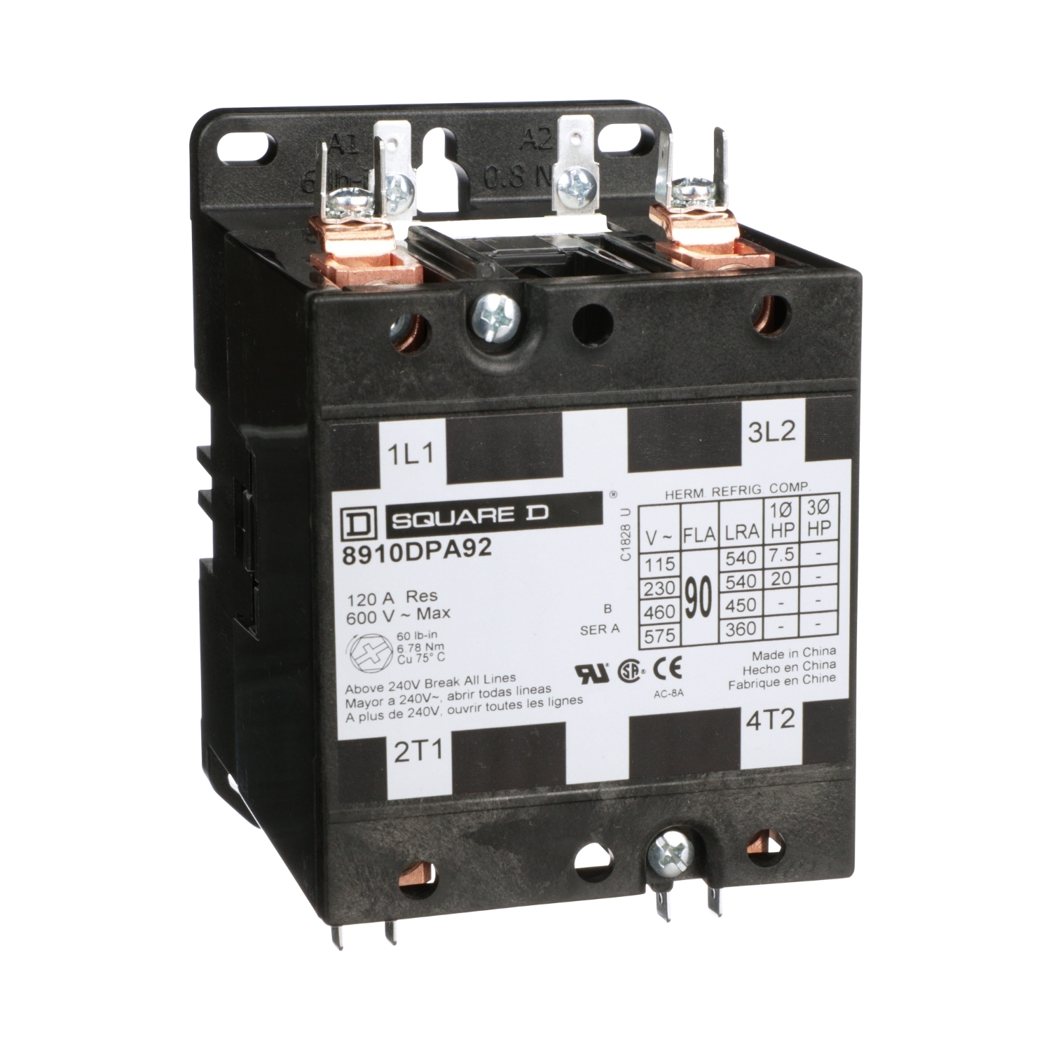 8910DPA92V09 Type DPA Definite Purpose Contactor, 220/208/240 V AC V Coil, 90 A, 2NO Contact, 2 Poles