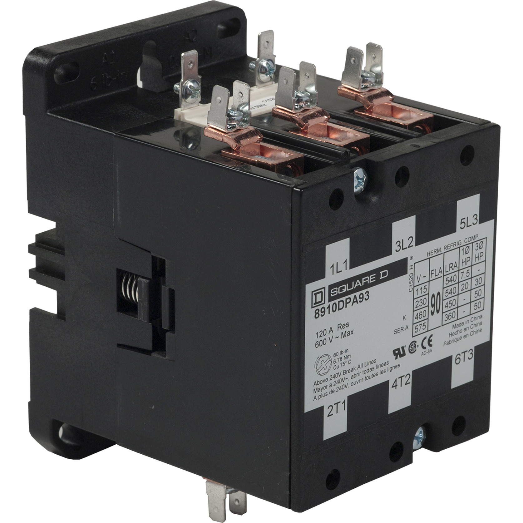 8910DPA93V04 Type DPA Definite Purpose Contactor, 277 V AC V Coil, 90 A, 3NO Contact, 3 Poles
