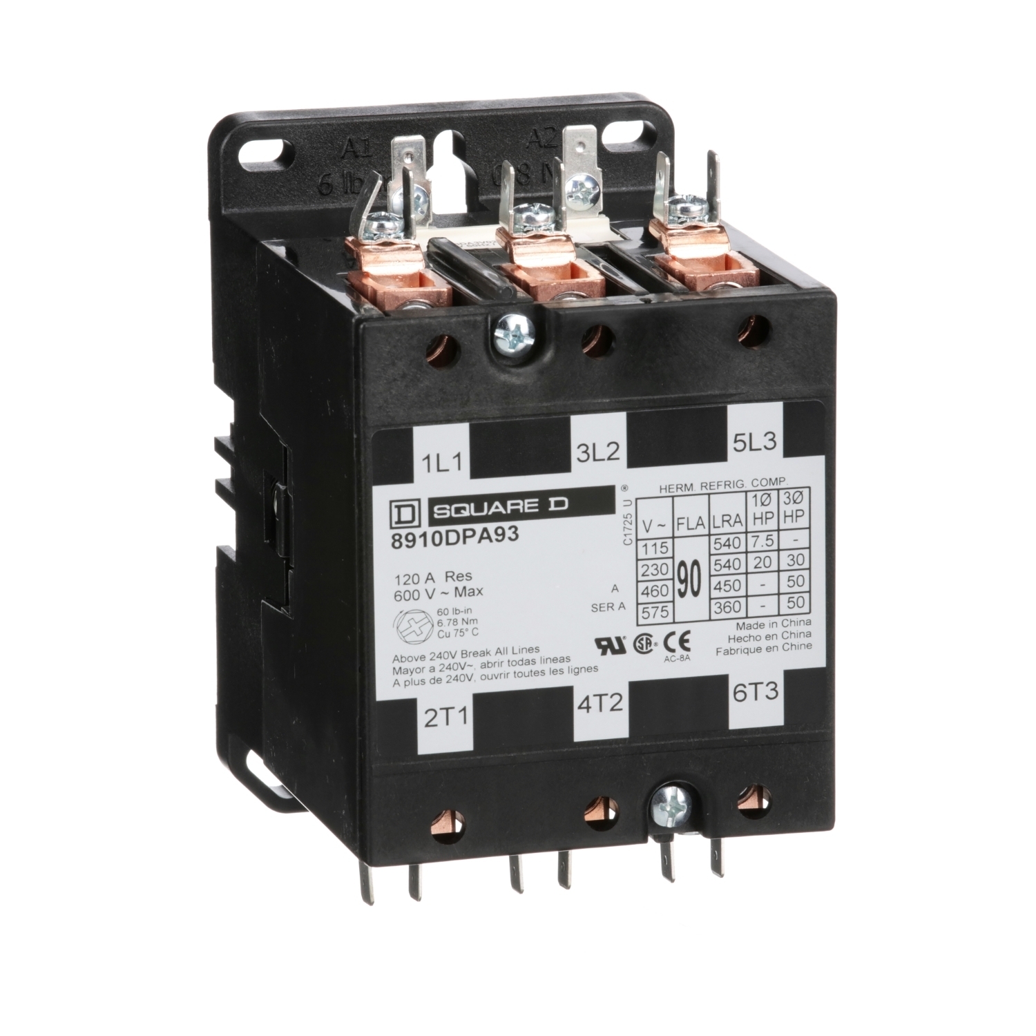 8910DPA93V06 Type DPA Definite Purpose Contactor, 440/480 V AC V Coil, 90 A, 3NO Contact, 3 Poles