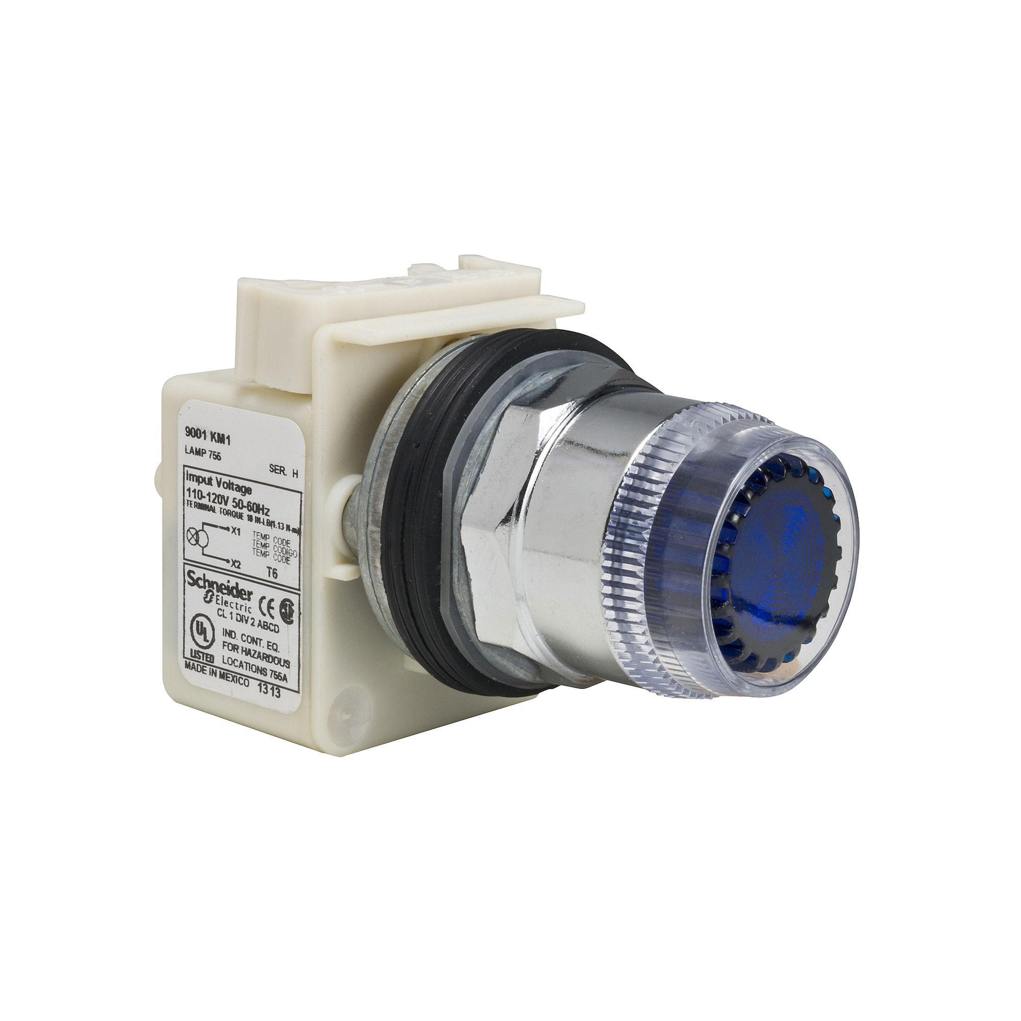 9001K1L1L Harmony Type K Dusttight/Oiltight/Watertight Heavy Duty Round Transformer Illuminated Pushbutton Operator With Metal Full Guard, 30 mm, SPDT Contact, Flush Operator, Momentary Contact, Blue