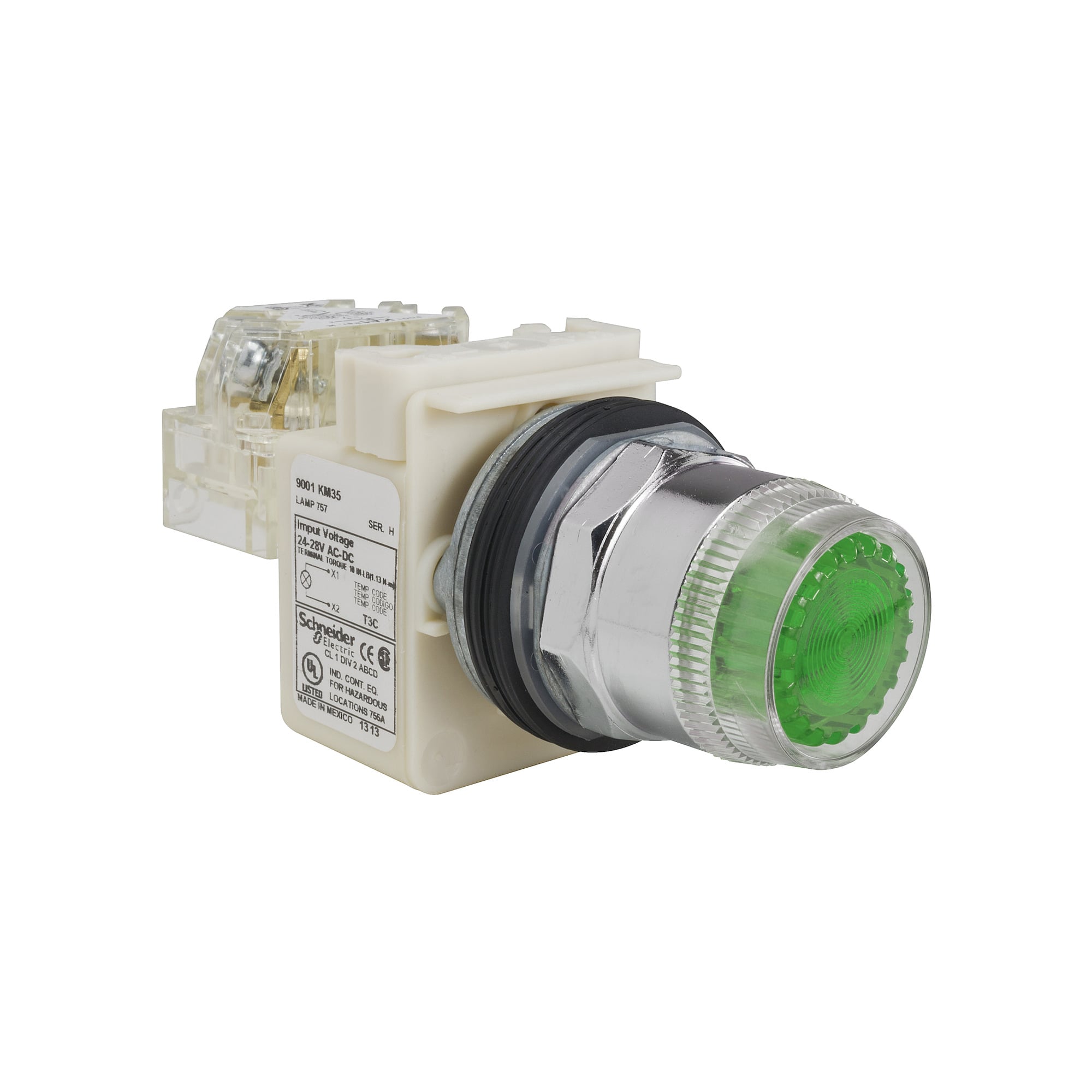 9001K1L35G Harmony Type K Dusttight/Oiltight/Watertight Full Voltage Heavy Duty Round Illuminated Pushbutton Operator With Metal Full Guard, 30 mm, SPDT Contact, Flush Operator, Momentary Contact, Green