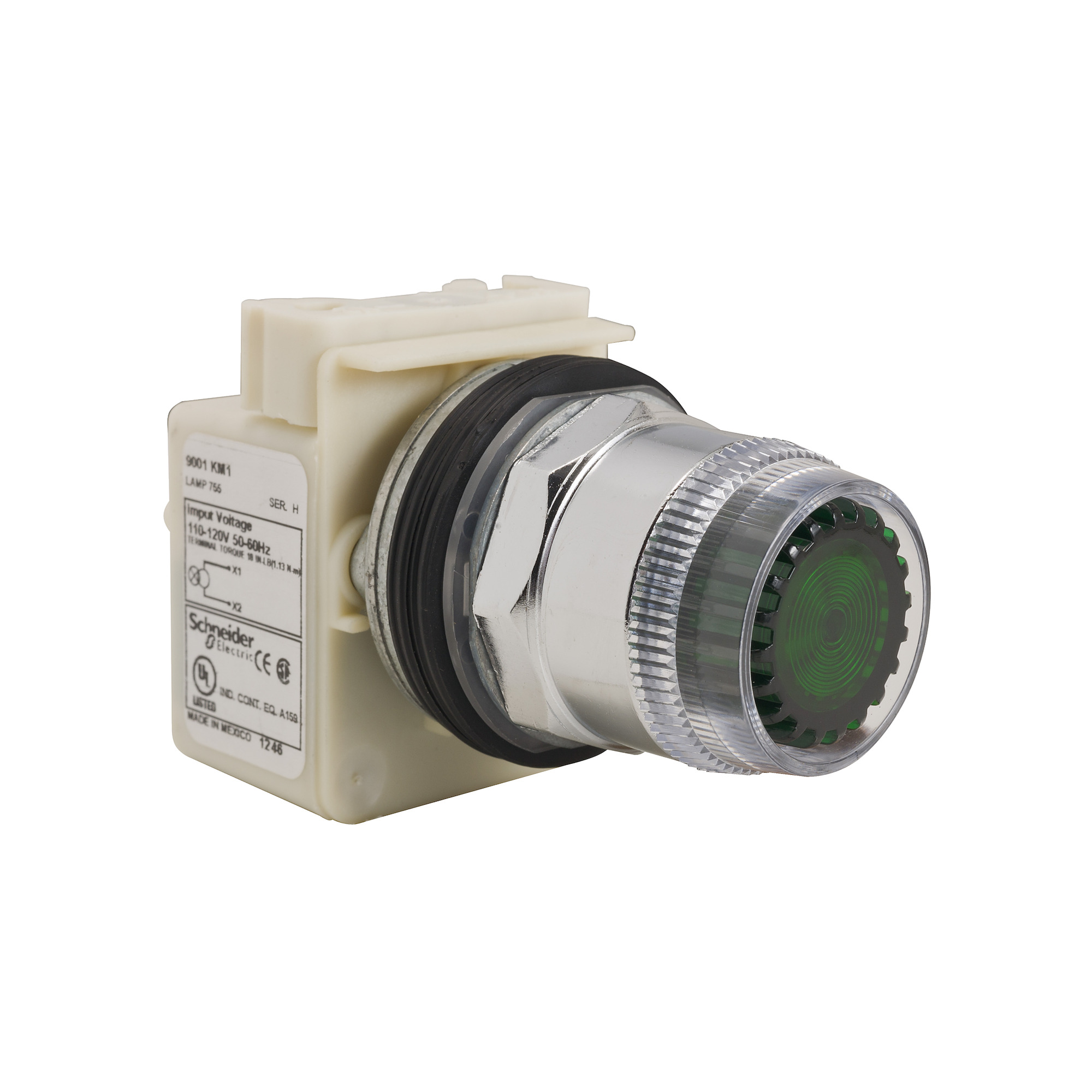 9001K1L38G Harmony Type K Dusttight/Oiltight/Watertight Heavy Duty Round Illuminated Pushbutton Operator With Metal Full Guard, 30 mm, SPDT Contact, Flush Operator, Momentary Contact, Green