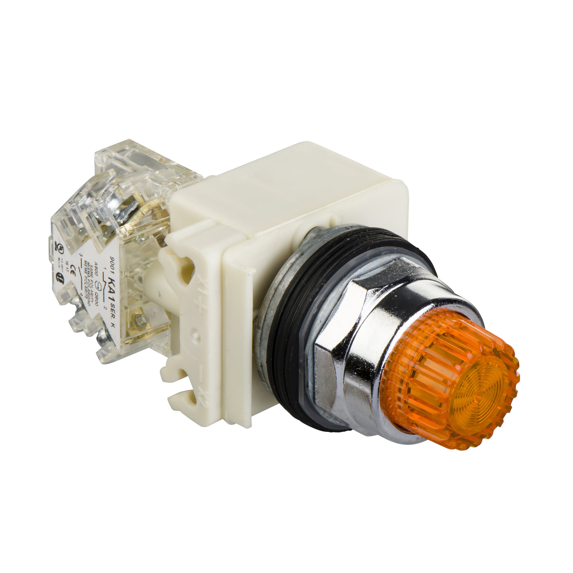 9001K2L1AH13 Harmony Type K Dusttight/Oiltight/Watertight Heavy Duty Transformer Unmarked Illuminated Pushbutton With Contact Block, 30 mm, 1CO Contact, Slow Break Contact, Amber