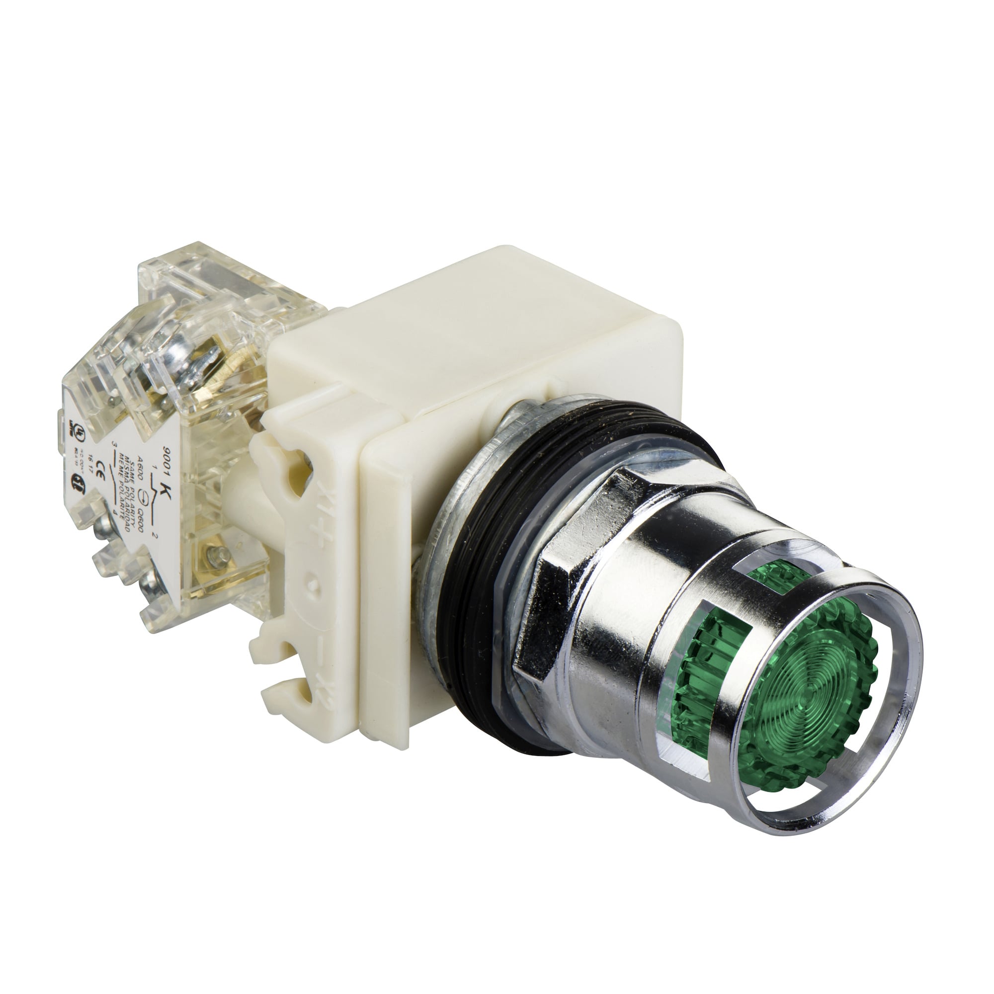 9001K3L1G Harmony Type K Dusttight/Oiltight/Watertight Heavy Duty Round Transformer Illuminated Pushbutton Operator With Metal Full Guard, 30 mm, Flush Operator, Momentary Contact, Green