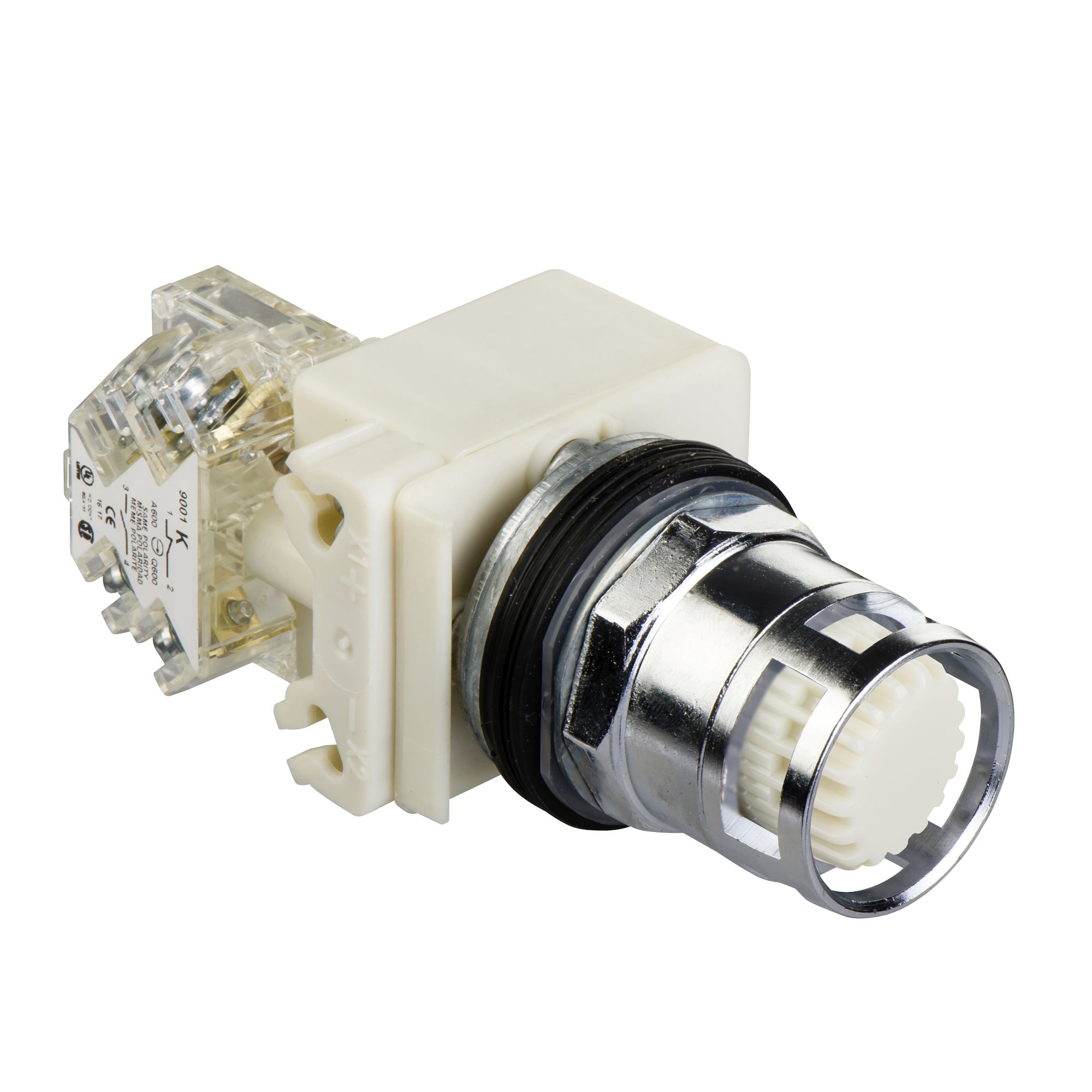 9001K3L35WH5 Harmony Type K Dusttight/Oiltight/Watertight Heavy Duty Unmarked Illuminated Pushbutton With Metallic Extended Guard and Contact Block, 30 mm, 1NO Contact, Slow Break Contact, Extended Operator, White