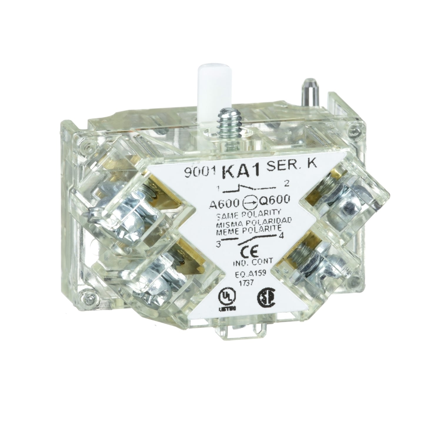 9001KA1 Harmony Types K SK KX Finger Safe Standard Contact Block With Protected Terminal, 30 mm, 1NO-1NC Contact, 10 A, 600 V AC Contact, Silver Alloy Contact, Momentary Action, Clear