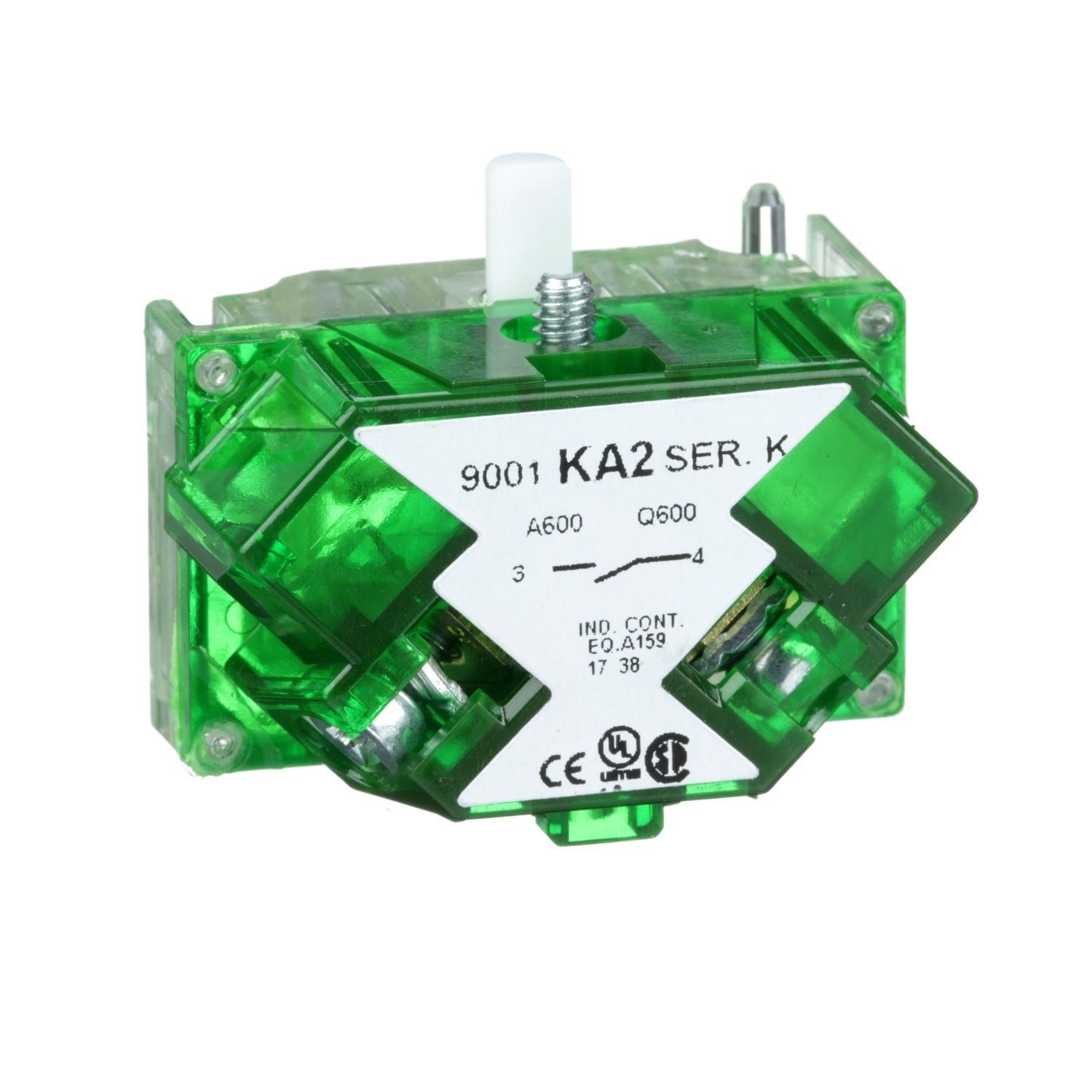 9001KA2 Harmony Finger Safe Standard Contact Block, 30 mm, 1NO Contact, 10 A, 600 V AC Contact, Silver Alloy Contact, Momentary Action, Clear/Green