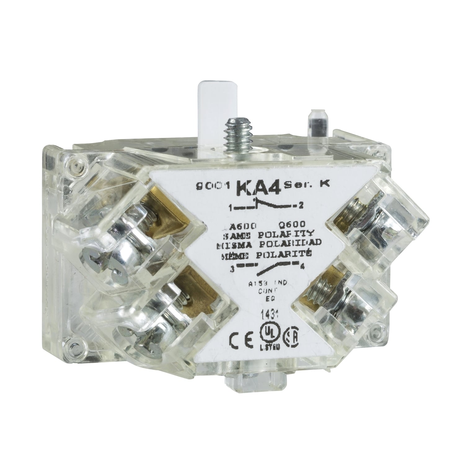 9001KA4 Harmony Contact Block With Protected Terminal, 30 mm, 1NO-1NC Contact, 10 A at 600 V AC Contact, Silver Alloy Contact, Momentary Action, Clear Glass