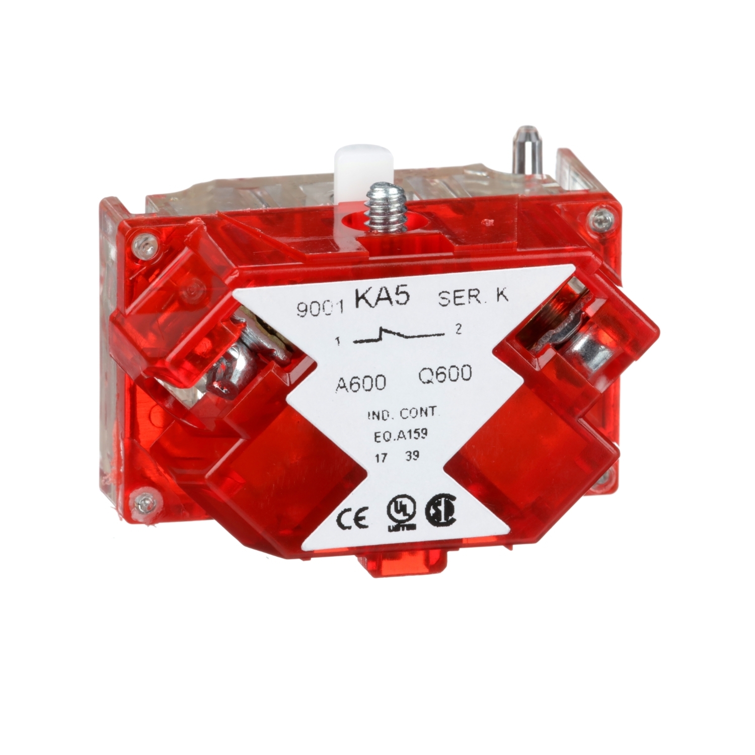 9001KA5 Harmony Types K SK KX Finger Safe Late Break Contact Block With Protected Terminal, 30 mm, 1NC Contact, 10 A, 600 V AC Contact, Silver Alloy Contact, Red