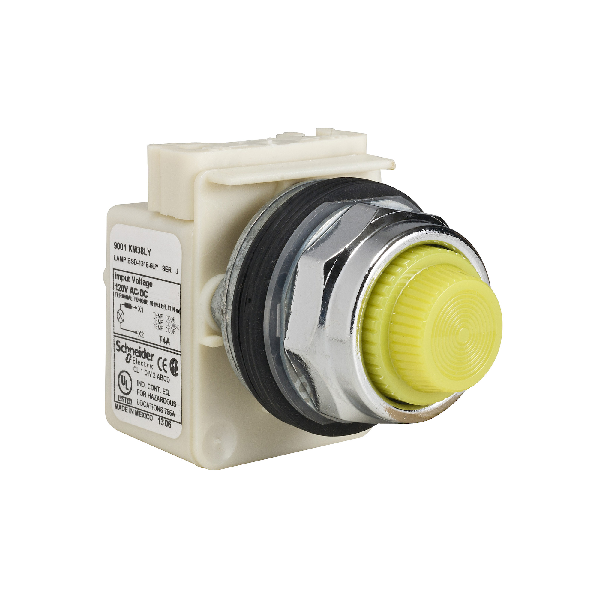 9001KP38LYY31 Harmony Type K Standard Pilot Light, 120 V AC/DC, 1.4 VA, Fresnel Lens, Panel Mount