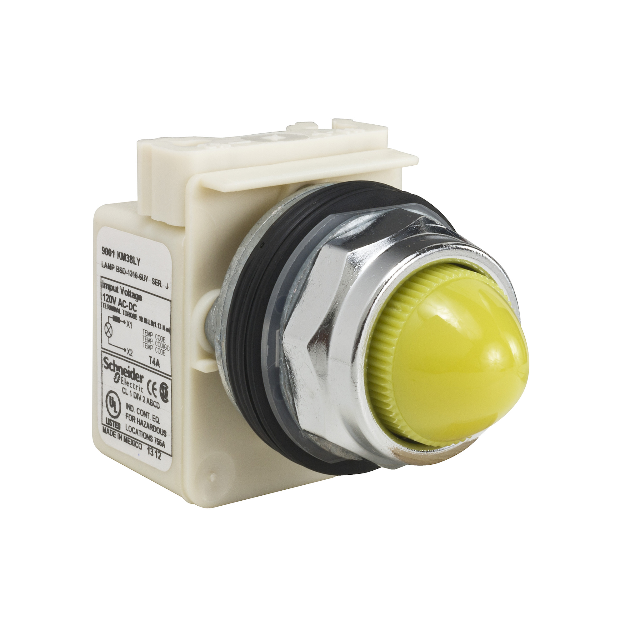 9001KP38LYY9 Harmony Type K Standard Pilot Light, 120 V AC/DC, 1.4 VA, Domed Lens, Panel Mount