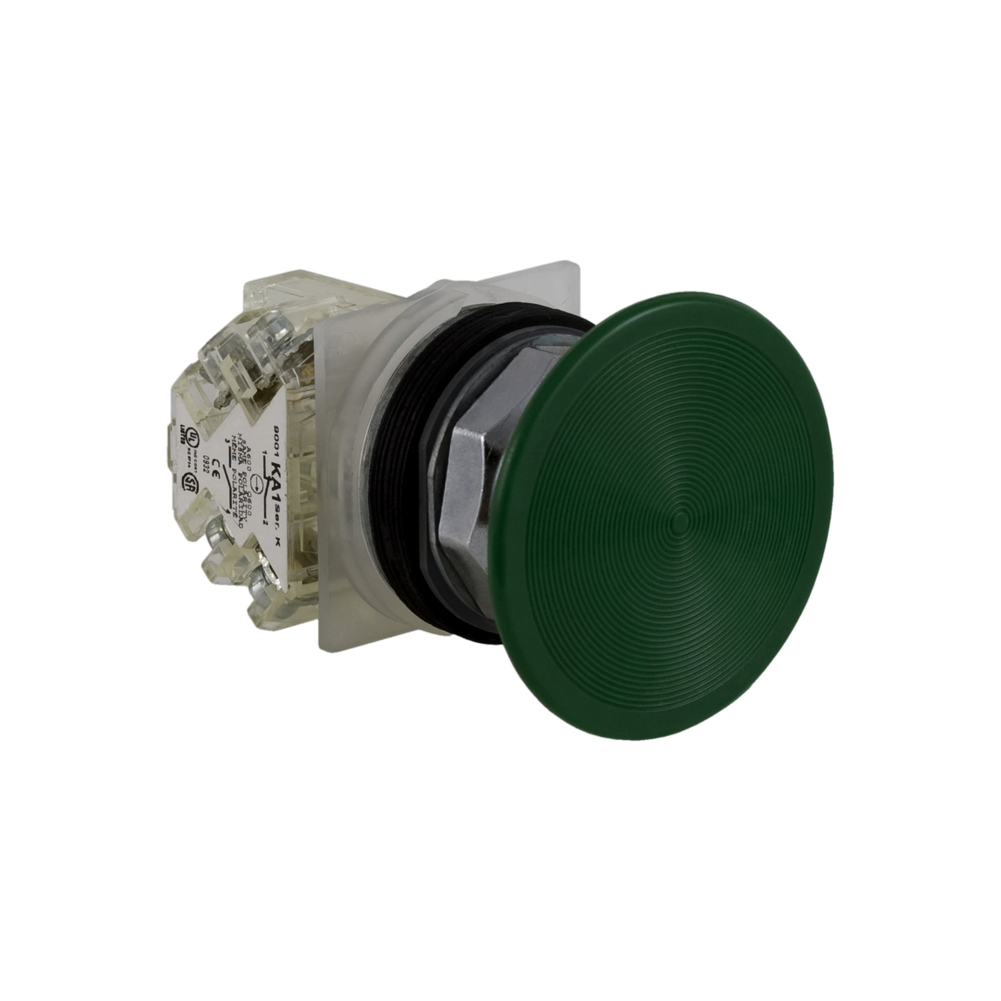 9001KR5GH13 Harmony Type K Heavy Duty Dusttight/Oiltight/Watertight Mechanically Interlocked Non-Illuminated Pushbutton, 30 mm, 1NO-1NC Contact, Slow Break Contact, Green