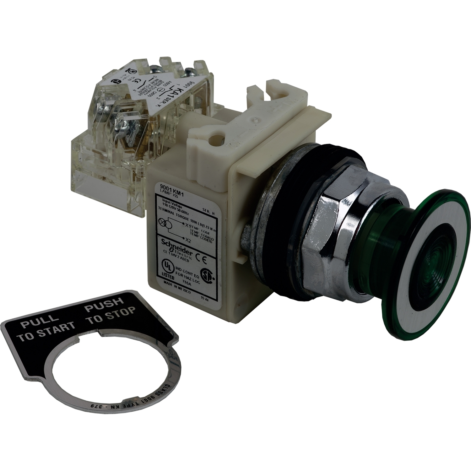9001KR9P1GH13 Harmony Type K Dusttight/Oiltight/Watertight Heavy Duty Round Unmarked Illuminated Pushbutton, 30 mm, 1CO Contact, Slow Break Contact, Green
