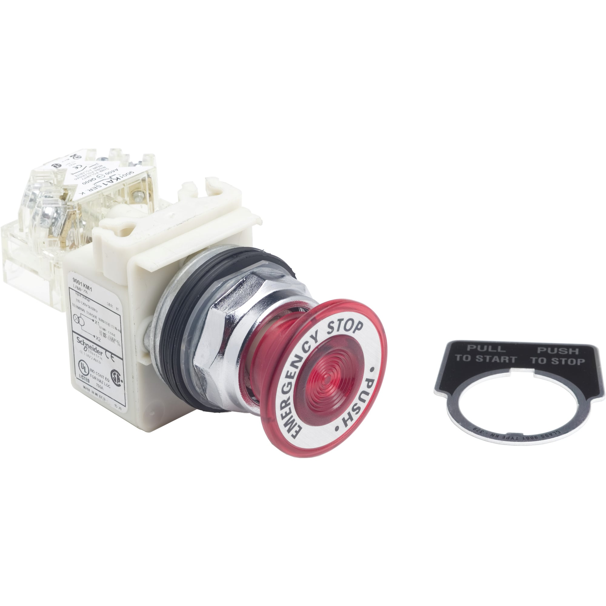 9001KR9P1R05H13 Harmony Type K Dust/Oil/Watertight Emergency Stop Heavy Duty Round Illuminated Pushbutton With Plastic Full Guard, 30 mm, 1NO-1NC Contact, Slow Break Contact, Mushroom Head Operator, Red