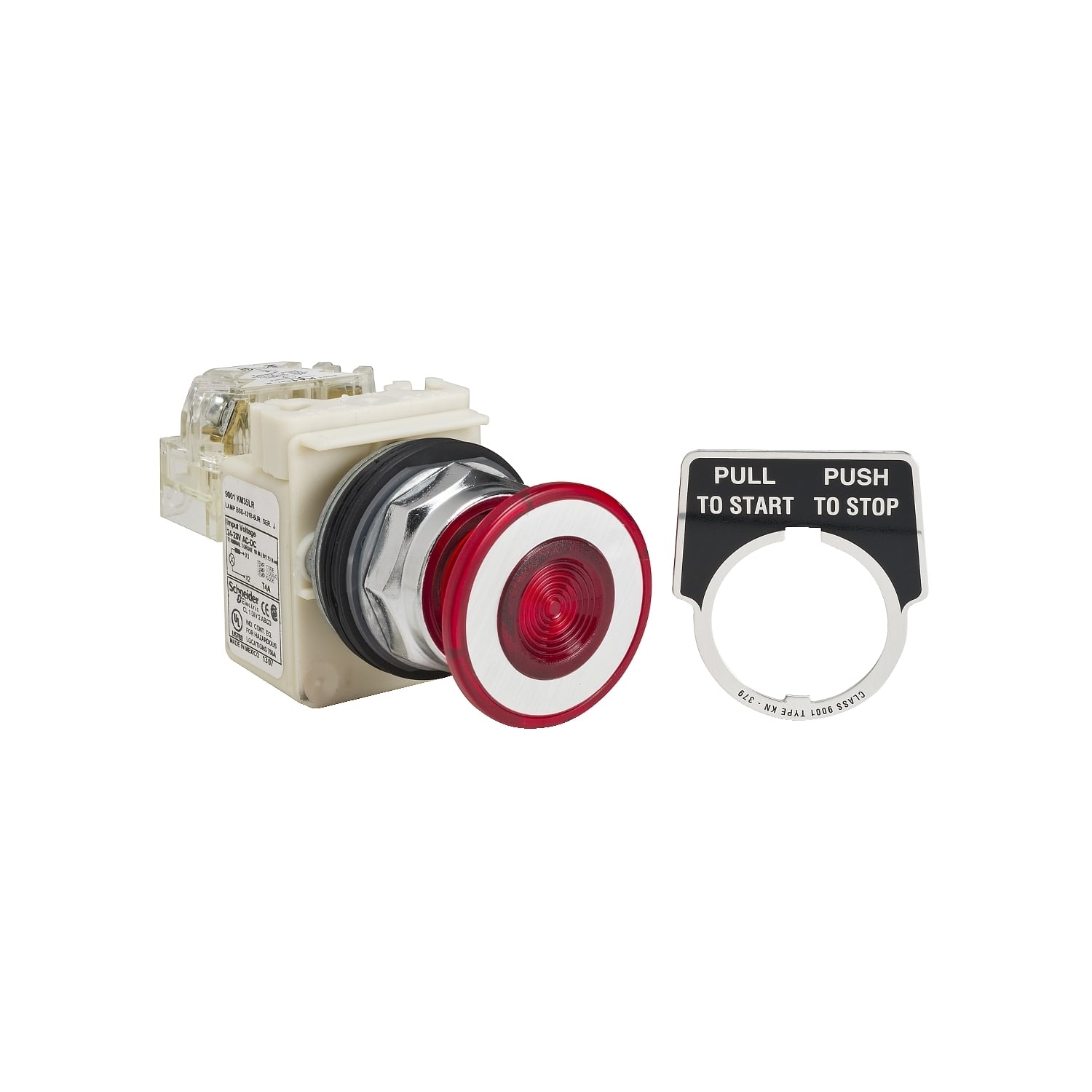 9001KR9P35LRRH13 Harmony Type K Dust/Oil/Watertight Heavy Duty Round Unmarked Illuminated Pushbutton With Plastic Full Guard, 30 mm, 1NO-1NC Contact, Slow Break Contact, Mushroom Head Operator, Red