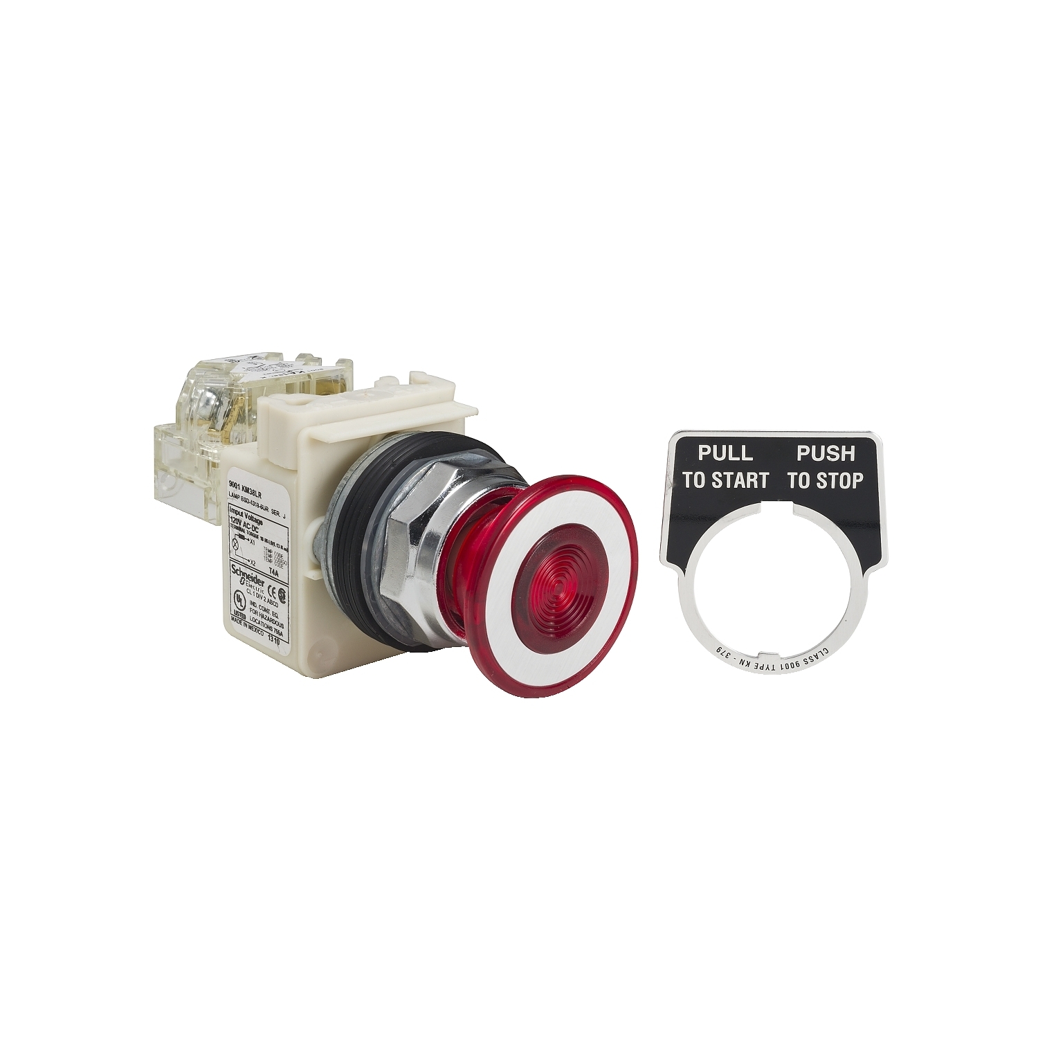 9001KR9P38LRRH13 Harmony Type T-K Dust/Oil/Watertight Illuminated Pushbutton, 30 mm, 1NO-1NC Contact, Mushroom Head Operator, Red