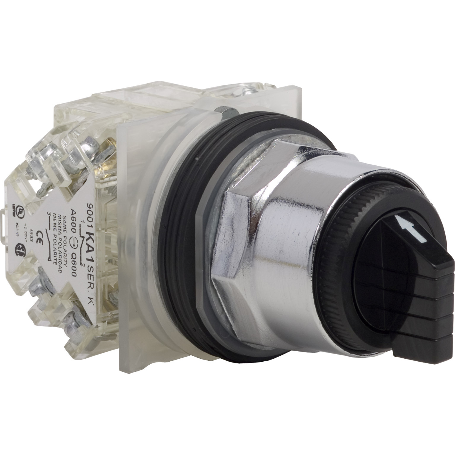 9001KS53BH2 Harmony Type K Dusttight/Oiltight/Watertight Heavy Duty Non-Illuminated Selector Switch, 30 mm, 2NO-2NC Contact, Slow Break Contact, Knob Operator, Black