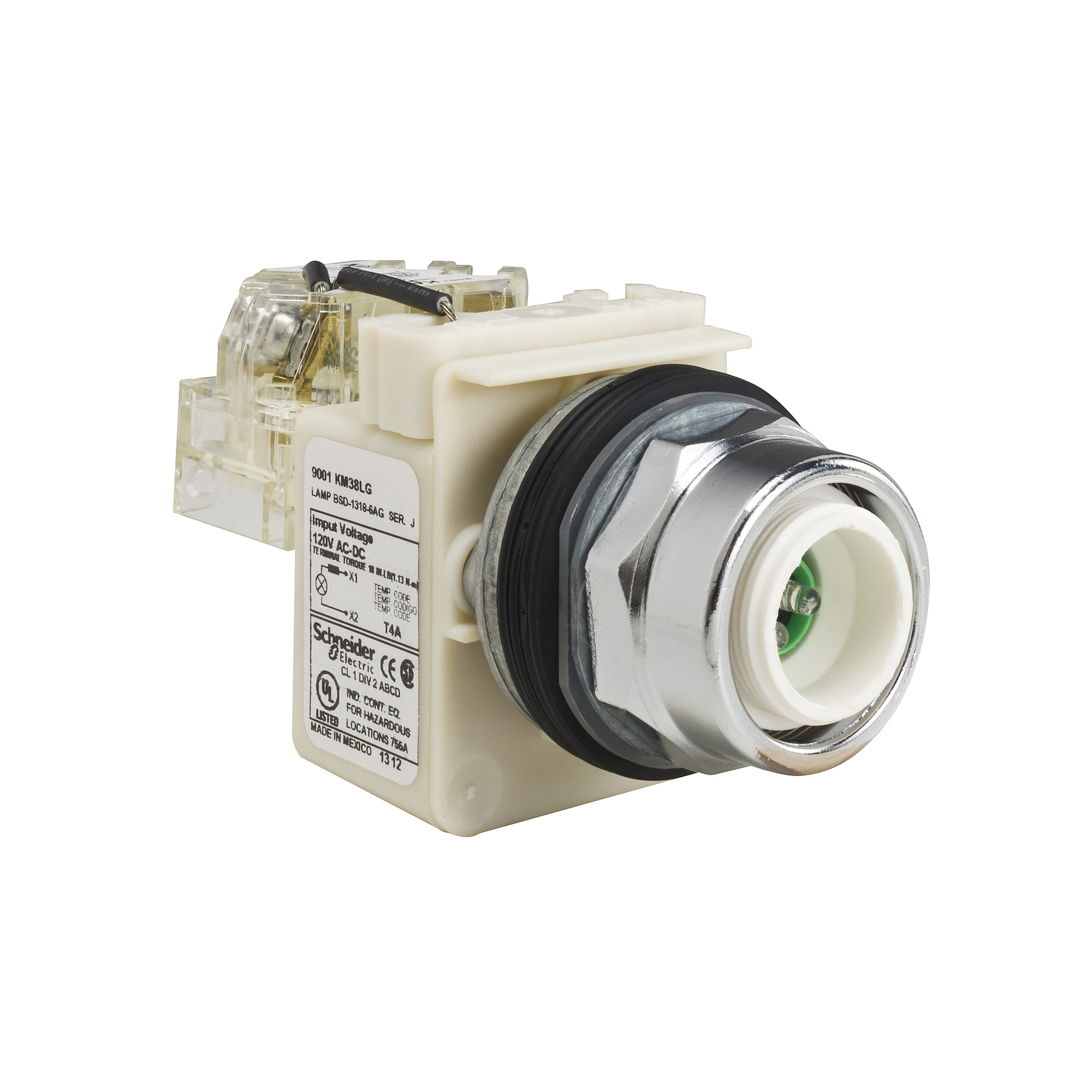 9001KT38LG Harmony Type K Push-To-Test Heavy Duty Pilot Light, 120 V AC/DC, 1.4 VA, Panel Mount