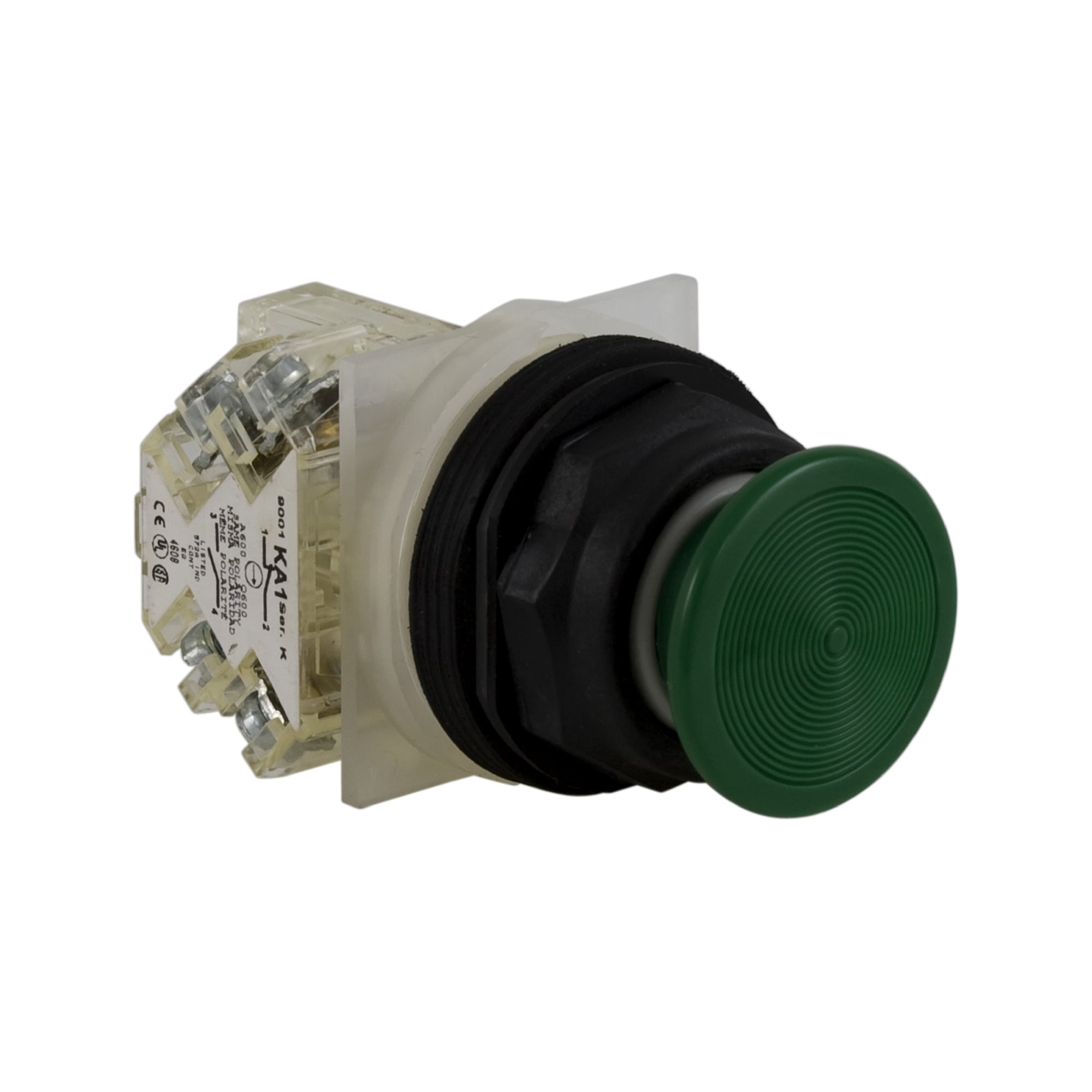 9001SKR24GH13 Harmony Type SK Corrosion-Resistant Dusttight/Oiltight/Watertight Mechanically Interlocked Non-Illuminated Pushbutton, 30 mm, 1NO-1NC Contact, Slow Break Contact, Green