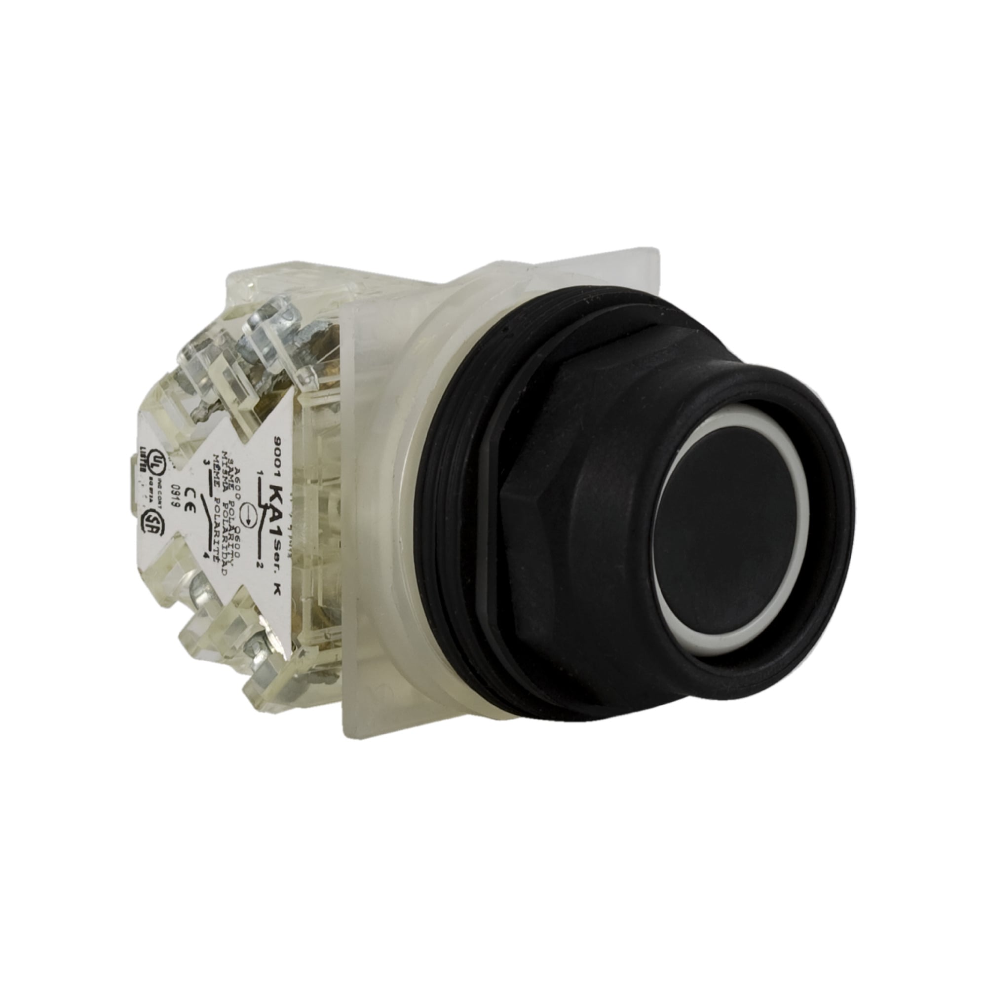 9001SKR2BH13 Harmony Type SK Corrosion-Resistant Dusttight/Oiltight/Watertight Mechanically Interlocked Non-Illuminated Pushbutton With Extended Guard, 30 mm, 1NO-1NC Contact, Slow Break Contact, Black