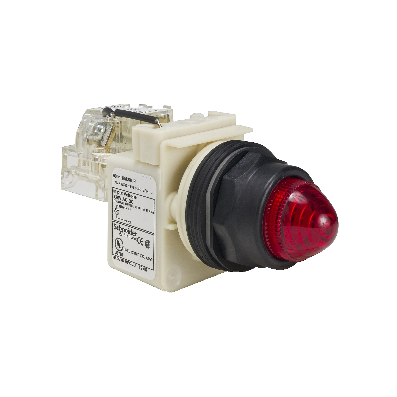 Push-to-test pilot light, Harmony 9001SK, plastic, polycarbonate, domed, red, 30mm, LED red, 120V