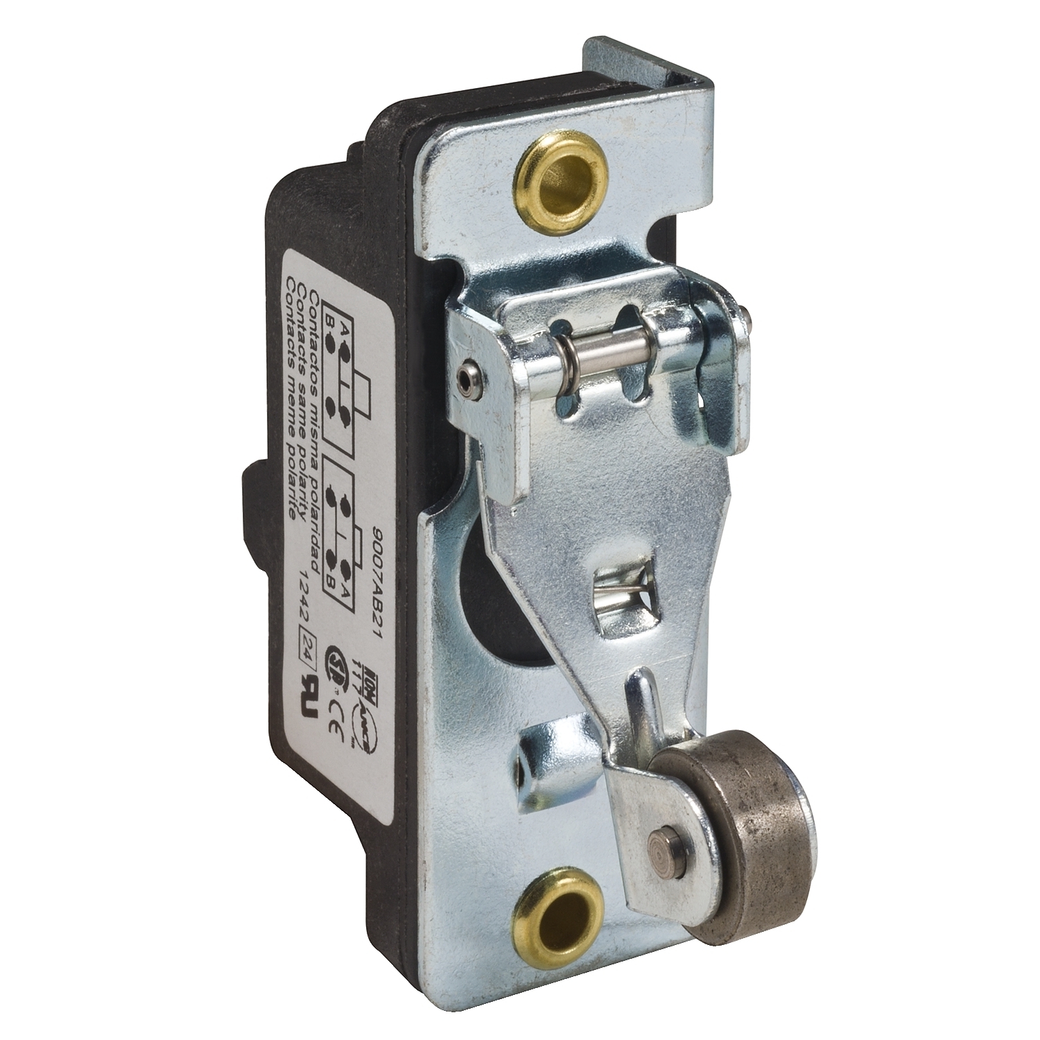 9007AB23 Osisense Heavy Duty Snap Switch, 600 V AC, 15 A, Metal Spring Return Roller Lever Plunger RH Bracket Actuator, 1CO 1 Form Z SPDT-DB Contact, 1 Pole